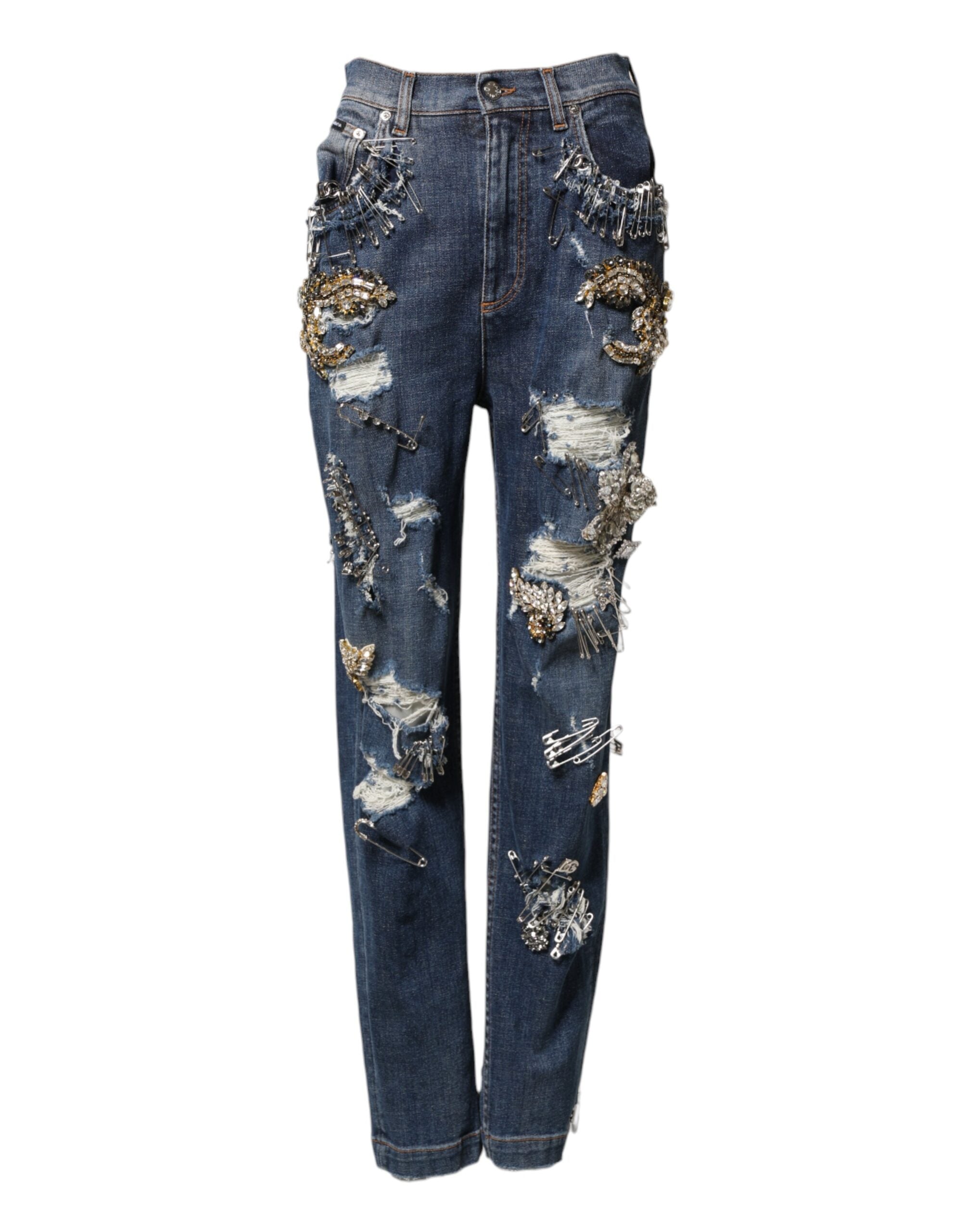 Jeans en denim bleu Dolce & Gabbana avec embellissements en strass en coton et détails raffinés.