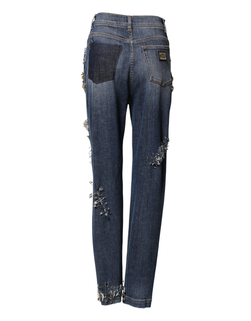 Jeans en denim bleu Dolce & Gabbana avec embellissements en strass et détails en coton, mode élégante et sophistiquée.