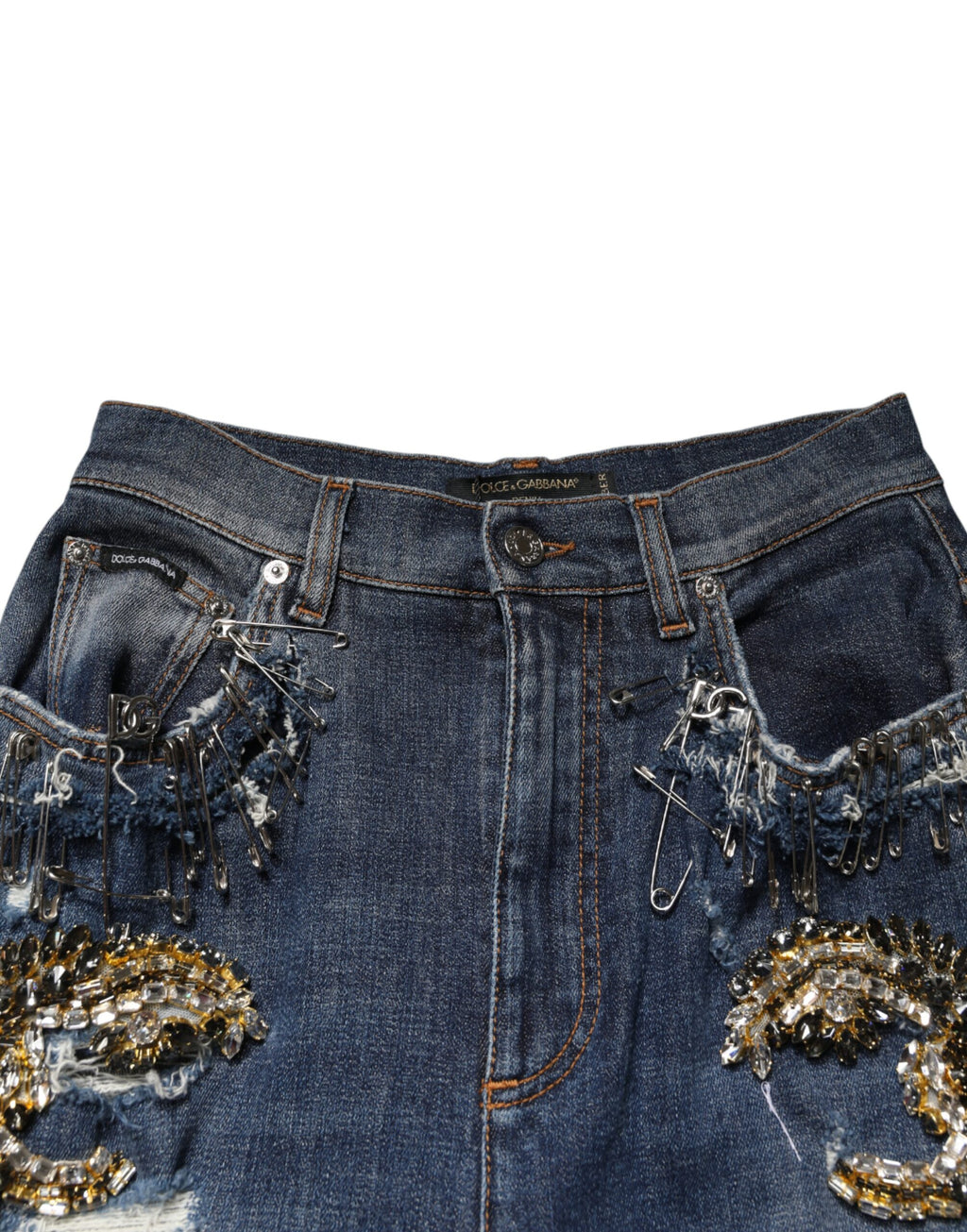 Jeans en coton bleu Dolce & Gabbana avec embellissements en strass et détails en denim.