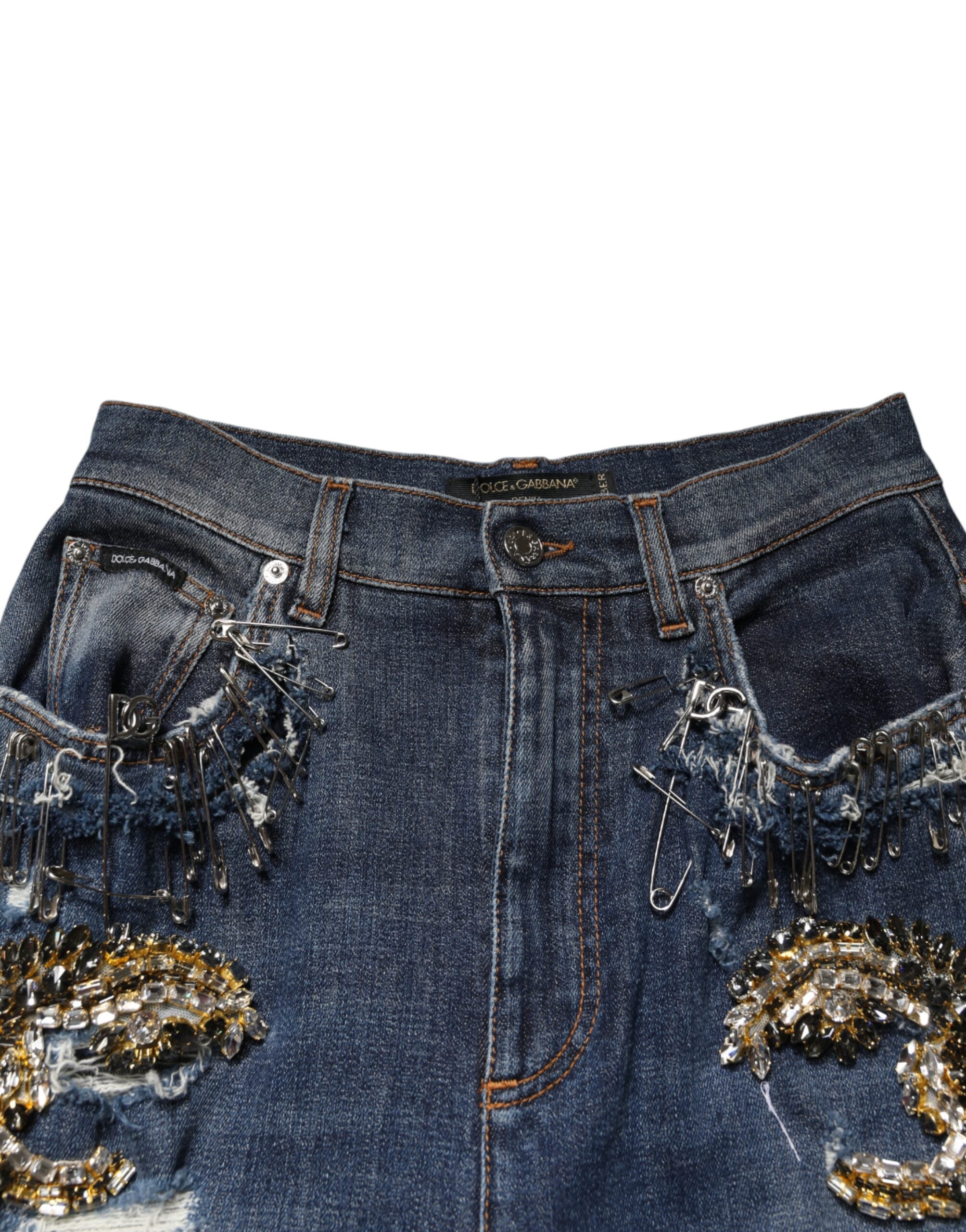 Jeans en coton bleu Dolce & Gabbana avec embellissements en strass et détails en denim.