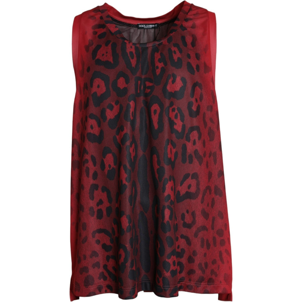 T-shirt sans manches pour homme Dolce & Gabbana, motif léopard rouge, en coton léger, vue en gros plan.