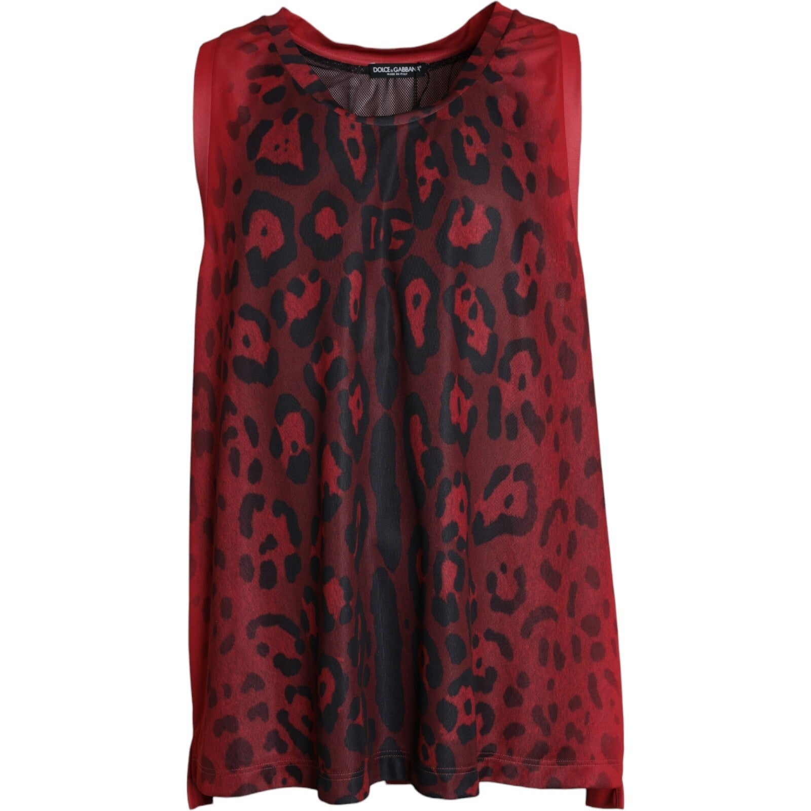 T-shirt sans manches rouge à imprimé léopard de Dolce & Gabbana pour homme, devant avec design animalier vibrant.