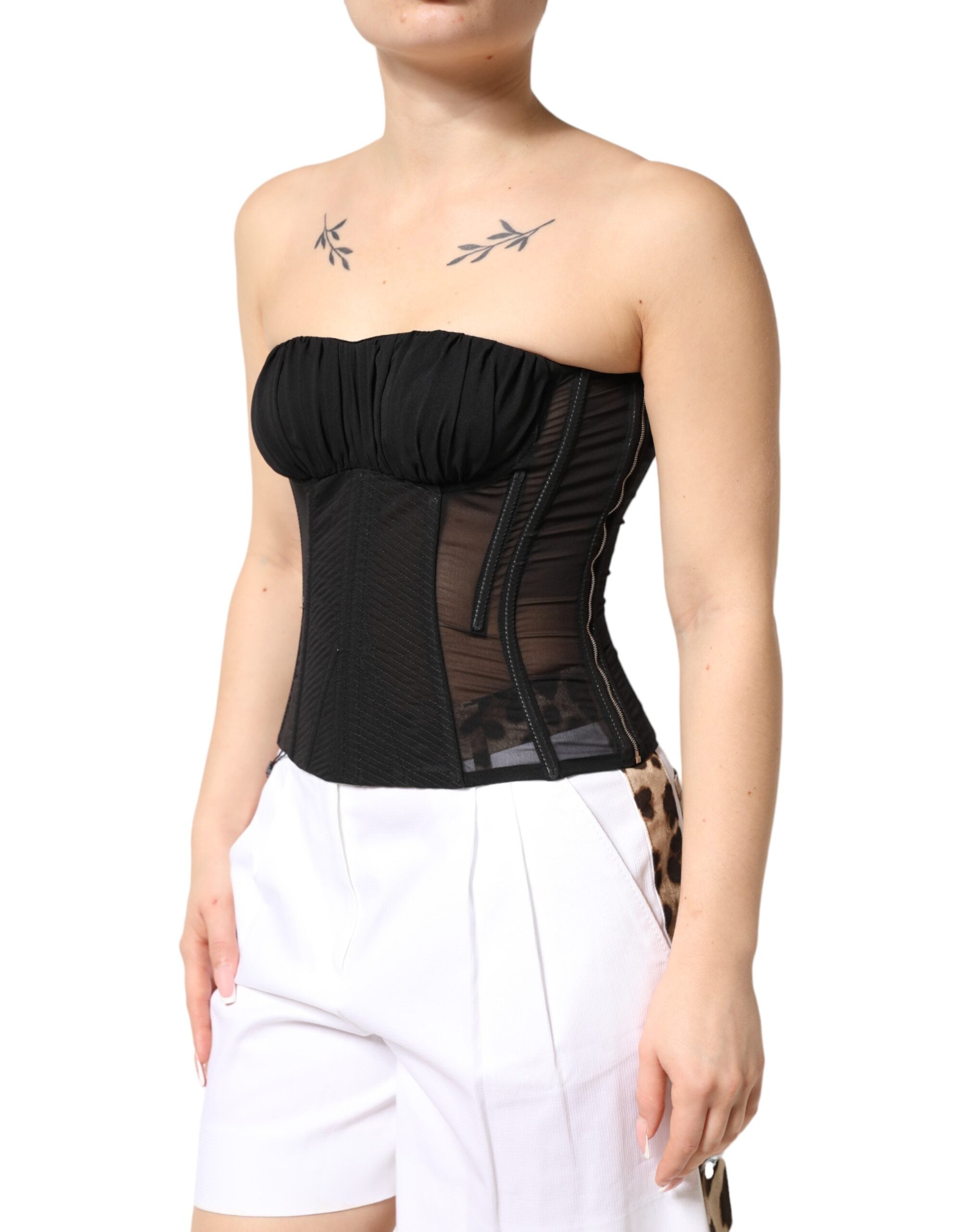 Corset bustier en soie noire et dentelle de Dolce & Gabbana, sans bretelles, élégante et ajustée.