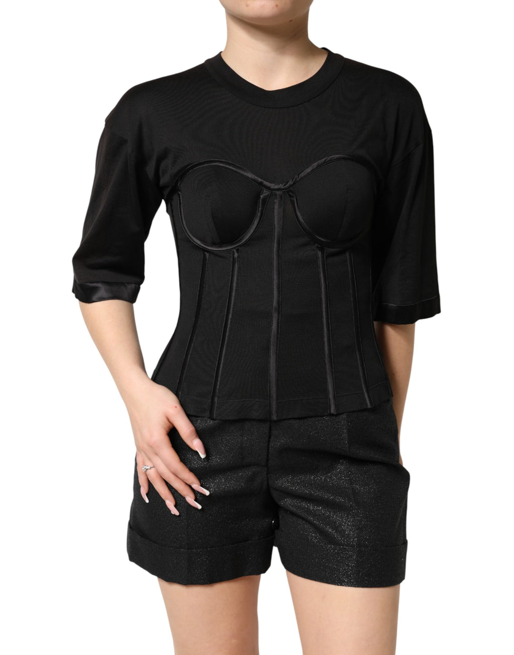 T-shirt court noir Dolce & Gabbana en coton avec bustier et manches courtes, élégant et ajusté.