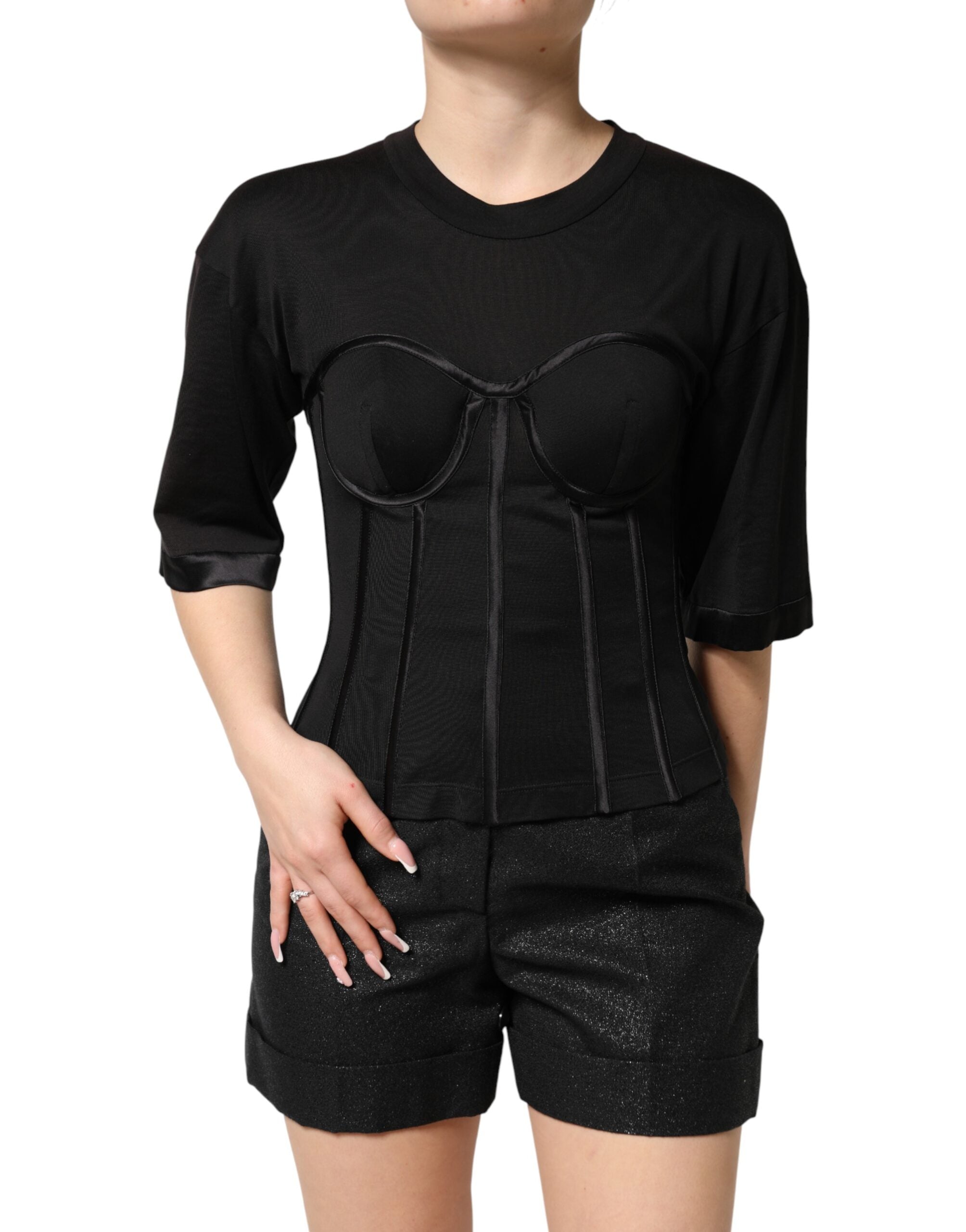 T-shirt noir Dolce & Gabbana en coton avec bustier corset et manches courtes, ajusté et élégamment conçu.