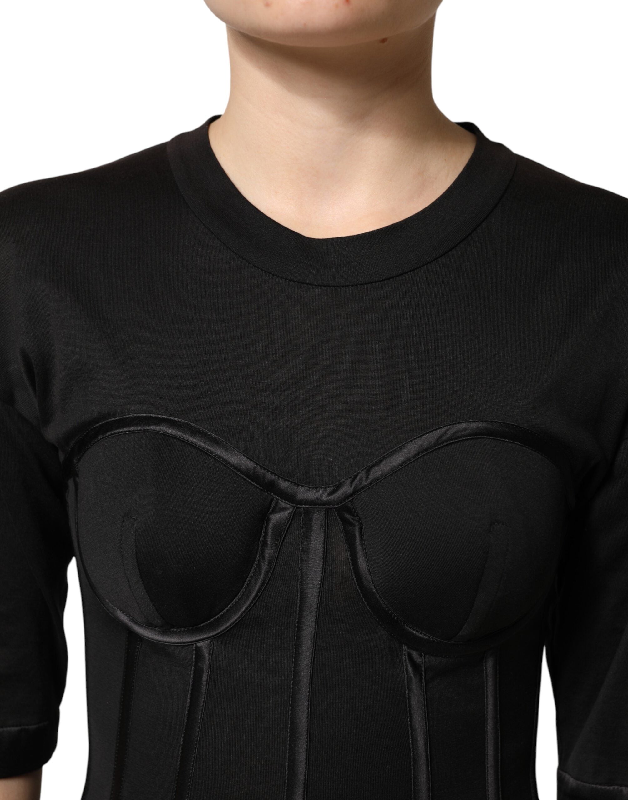 T-shirt noir Dolce & Gabbana en coton avec bustier corset à manches courtes, mode élégante et sophistiquée.