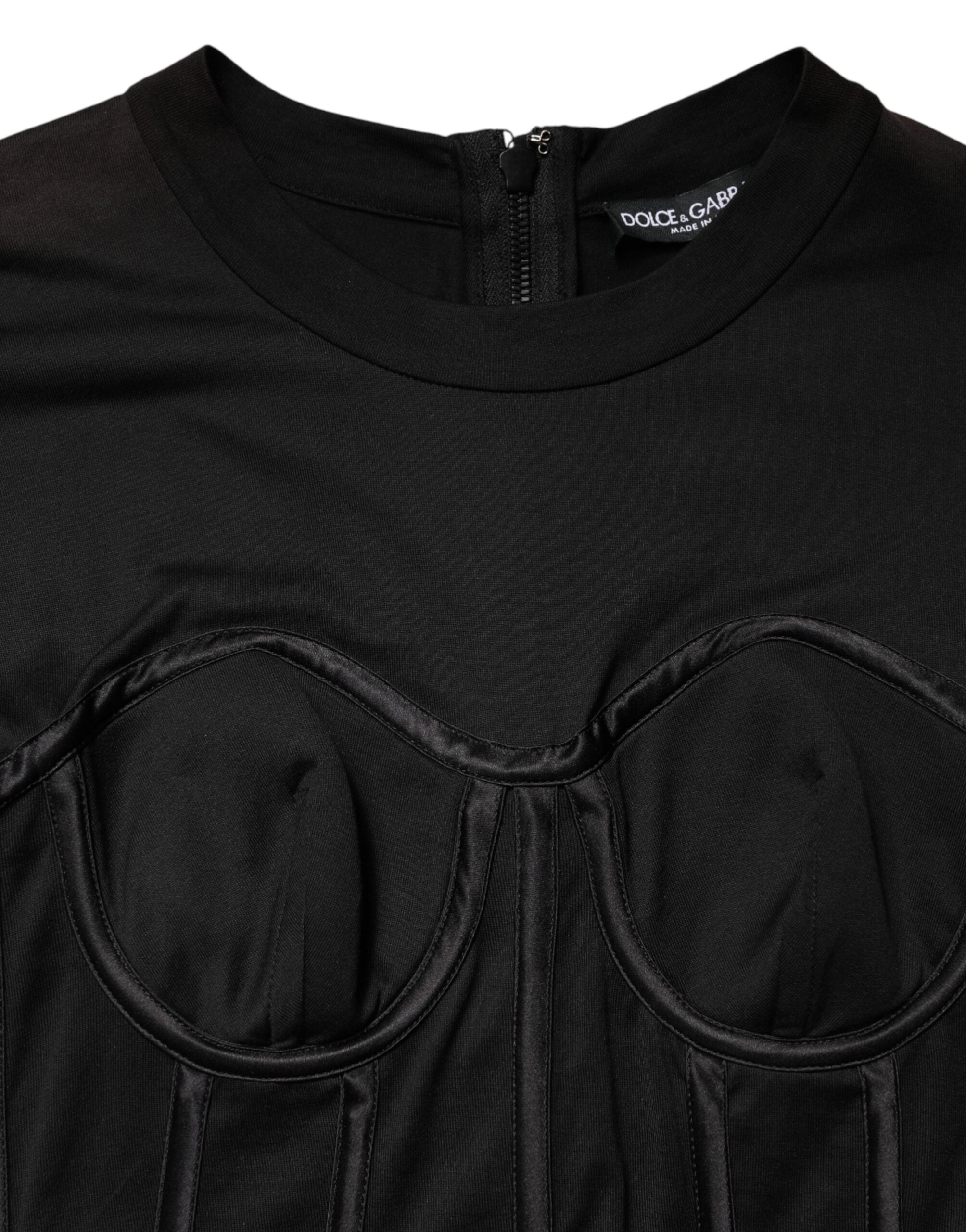 T-shirt noir en coton Dolce & Gabbana avec bustier, corset court et manches courtes, ajusté et élégant.