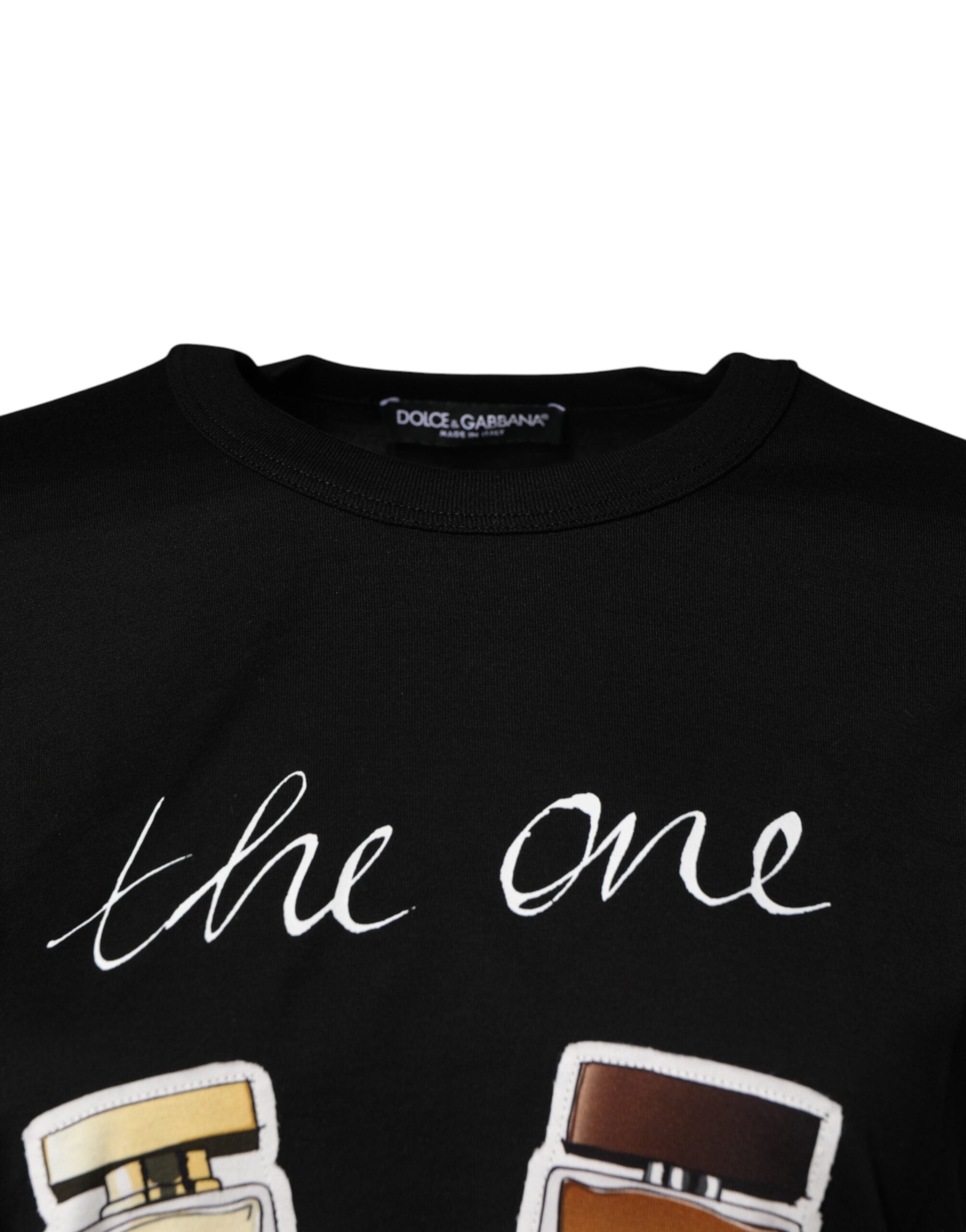 T-shirt noir Dolce & Gabbana à manches courtes avec motif graphique sur le col rond, en coton.