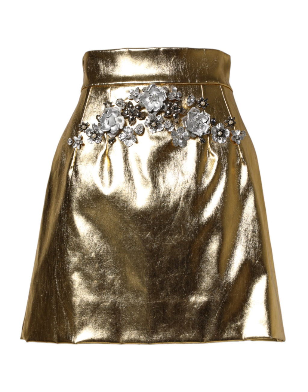 Jupe courte dorée en acétate avec cristaux, haute taille, de la marque Dolce & Gabbana, visible avec détails brillants.