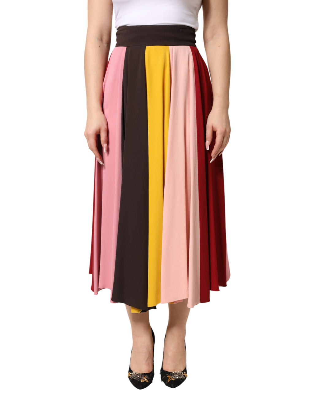 Jupe midi à taille haute en viscose multicolore de Dolce & Gabbana, silhouette élégante et tissu fluide.
