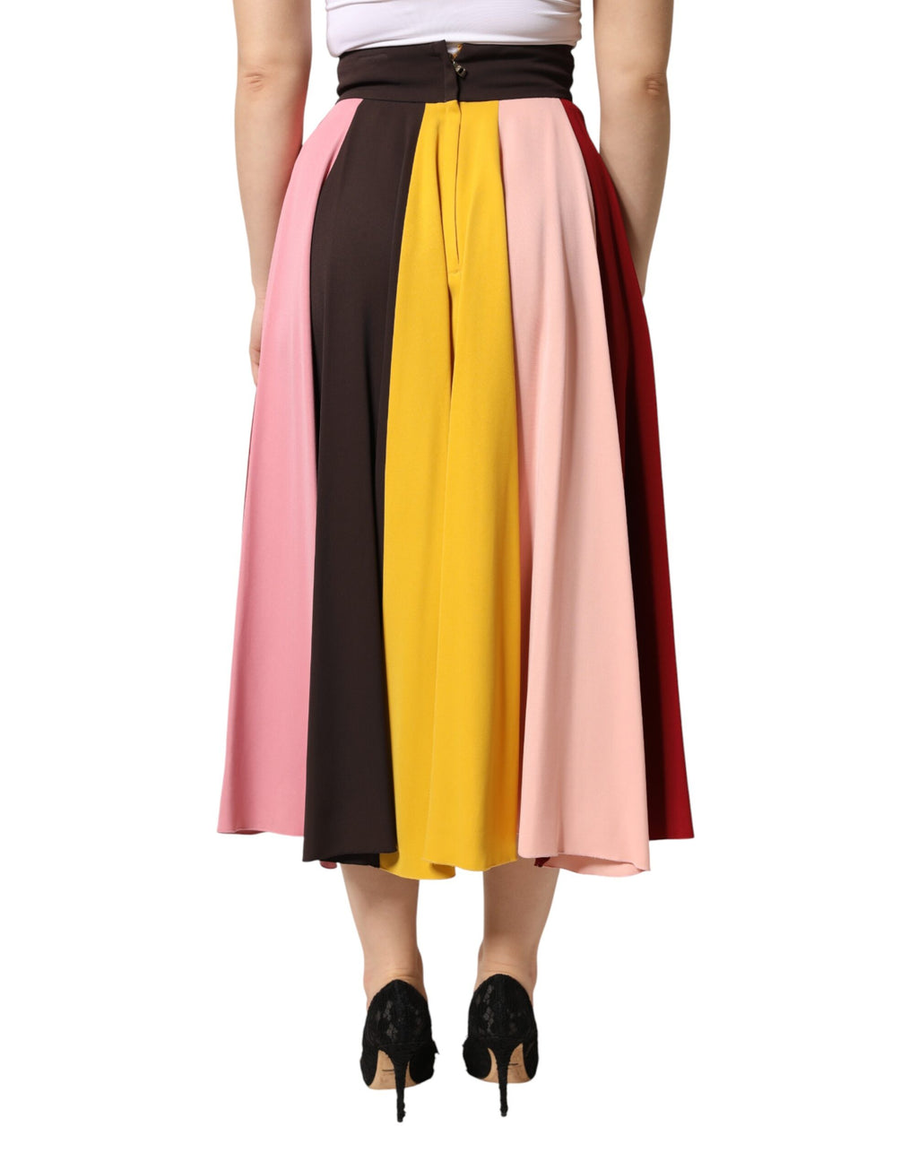 Jupe midi Dolce & Gabbana en viscose multicolore, taille haute avec un motif vibrant et élégant.