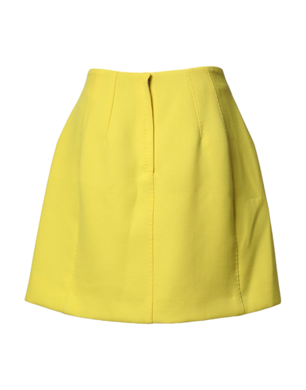 Jupe courte en laine jaune à boutons haute taille de Dolce & Gabbana, vue de face avec détails visibles.