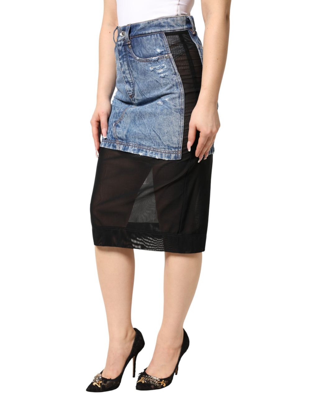 Jupe midi en denim noir et bleu en coton transparent de Dolce & Gabbana, style élégant et moderne.