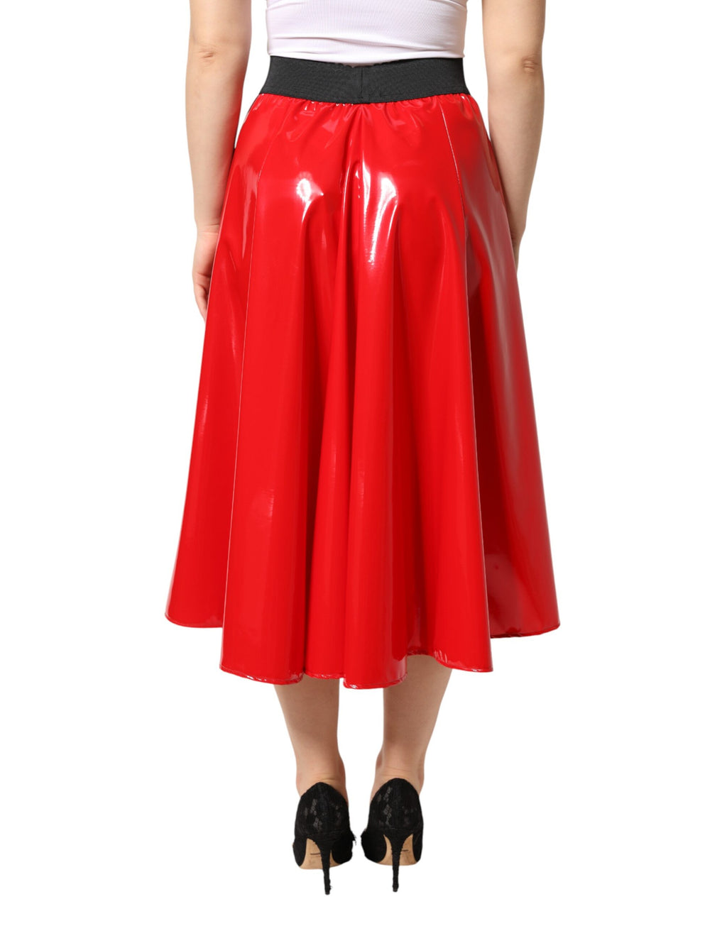 Jupe midi en polyester rouge brillant à taille haute de Dolce & Gabbana, élégante et moderne.