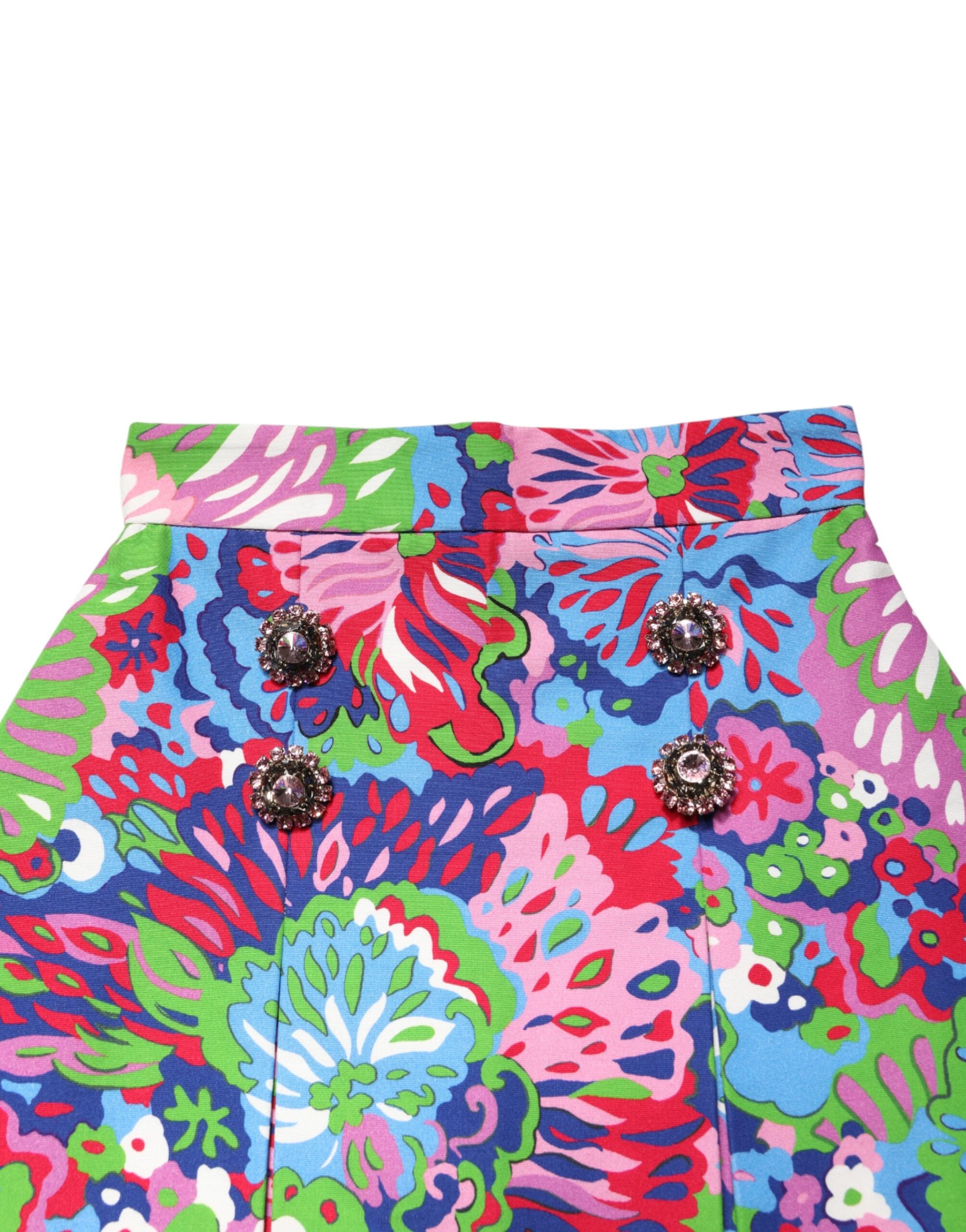 Shorts mini floraux à taille haute Dolce & Gabbana avec boutons colorés, motif multicolore, style élégant et tendance.