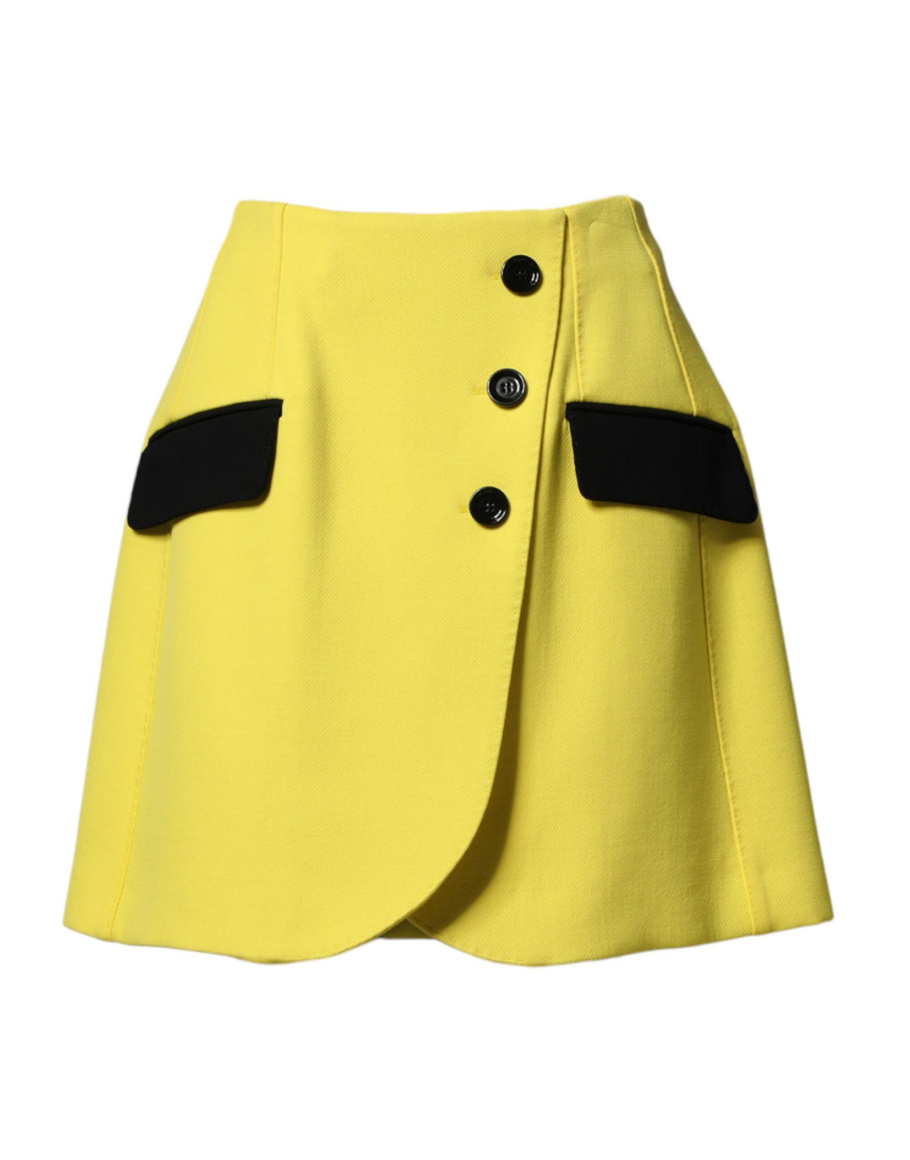 Mini jupe en laine jaune à boutons de Dolce & Gabbana, taille haute, coupe courte et élégante.