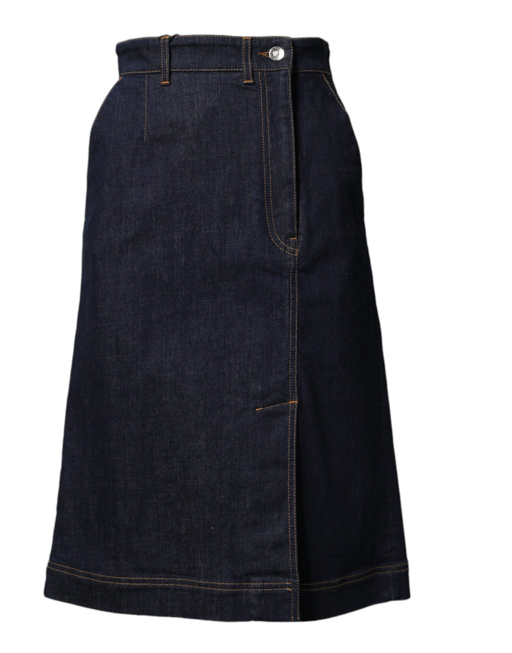 Jupe en denim bleu foncé de coupe évasée de la marque Dolce & Gabbana, style midi en coton.