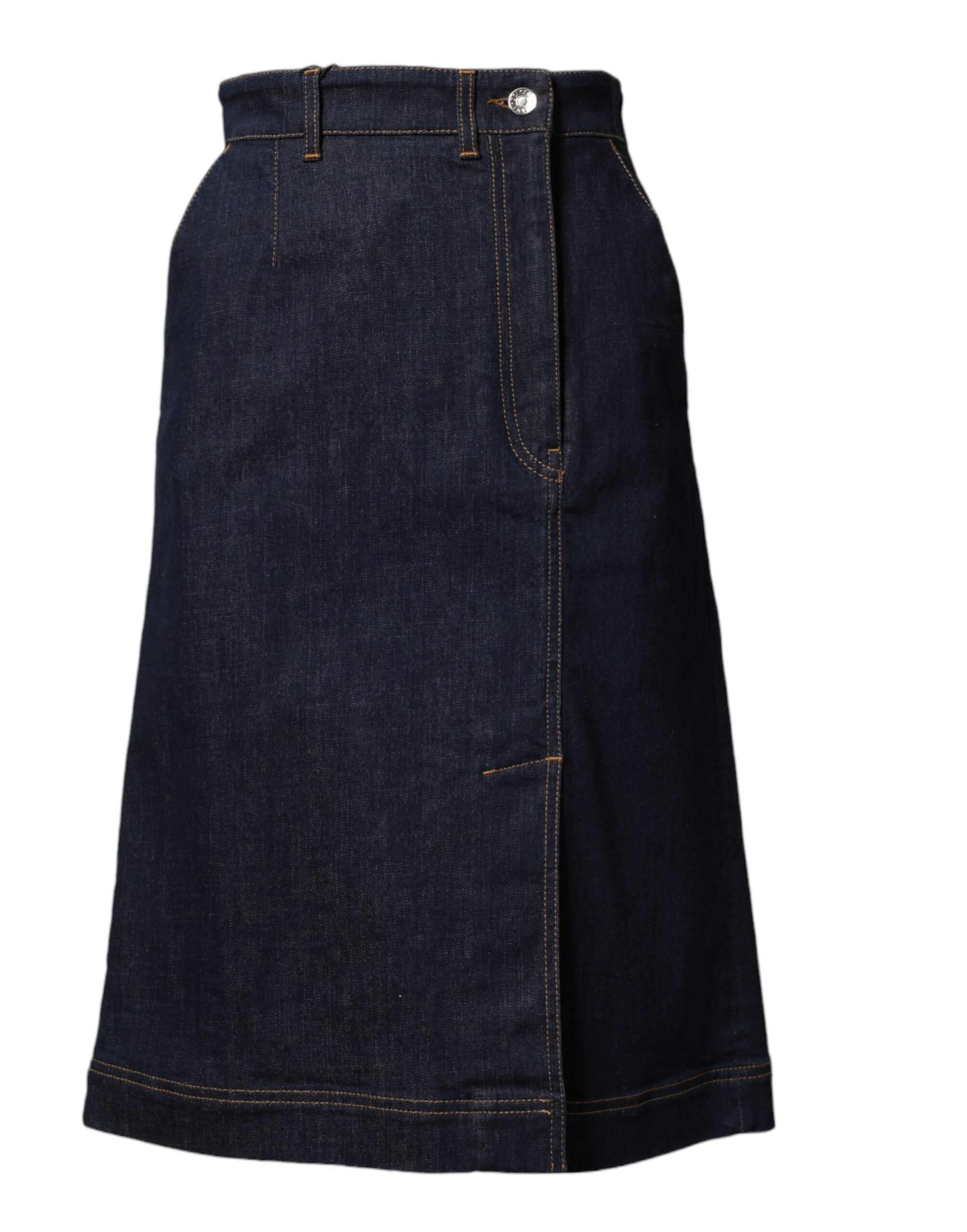 Jupe midi en denim bleu foncé en coton de coupe évasée de la marque Dolce & Gabbana, vue de face.