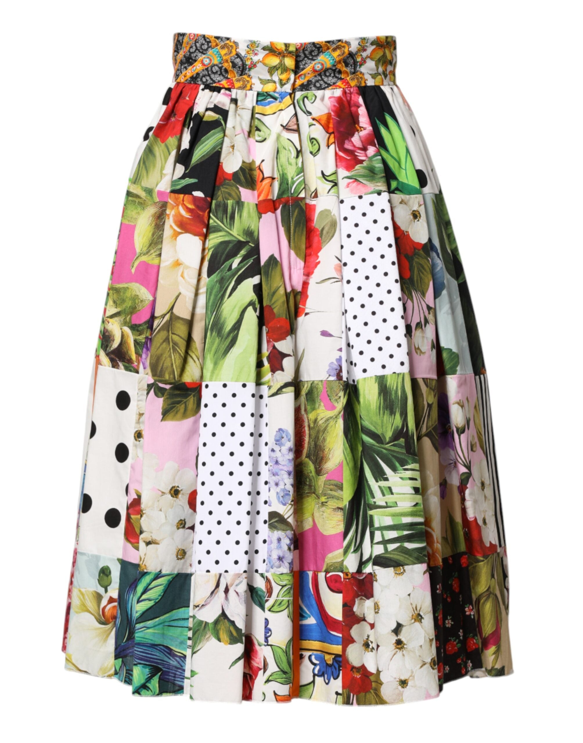 Jupe midi à taille haute Dolce & Gabbana à patchwork multicolore, design élégant et tendance visible sur l'image.