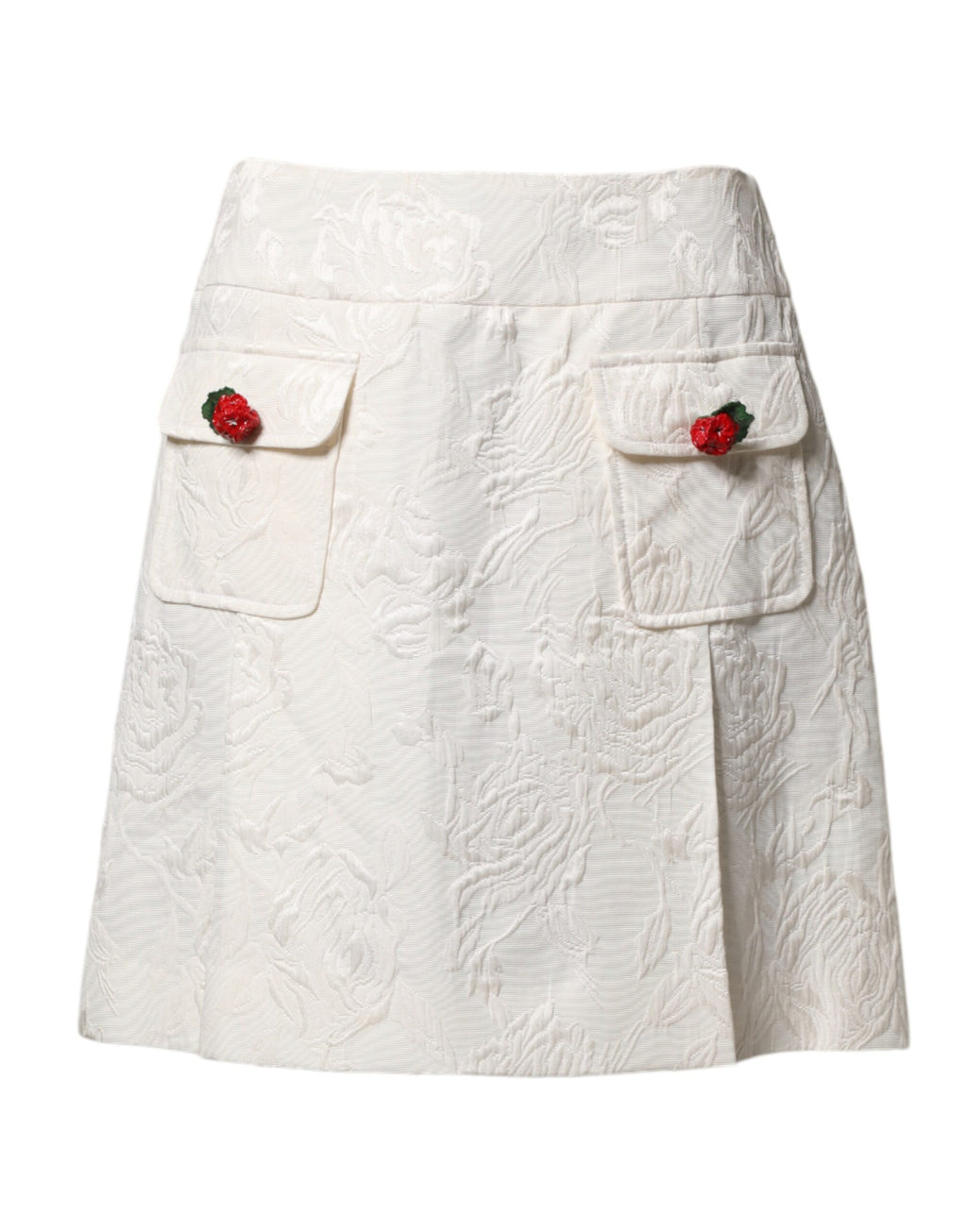 Jupe courte en brocart floral blanc de Dolce & Gabbana, taille haute, élégante et raffinée, visible en détail.