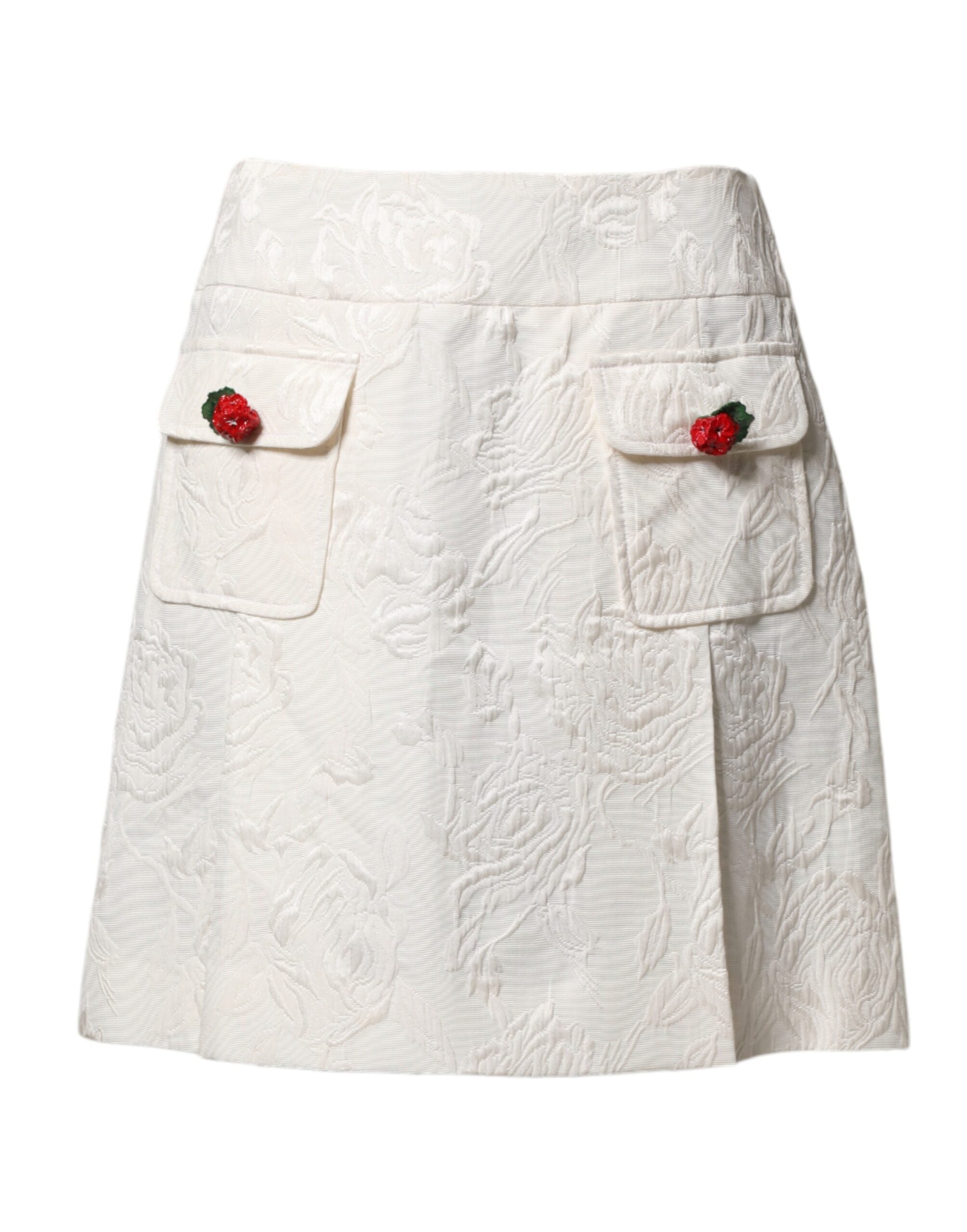 Jupe courte en brocart floral blanc de Dolce & Gabbana, taille haute, élégante et raffinée, visible en détail.