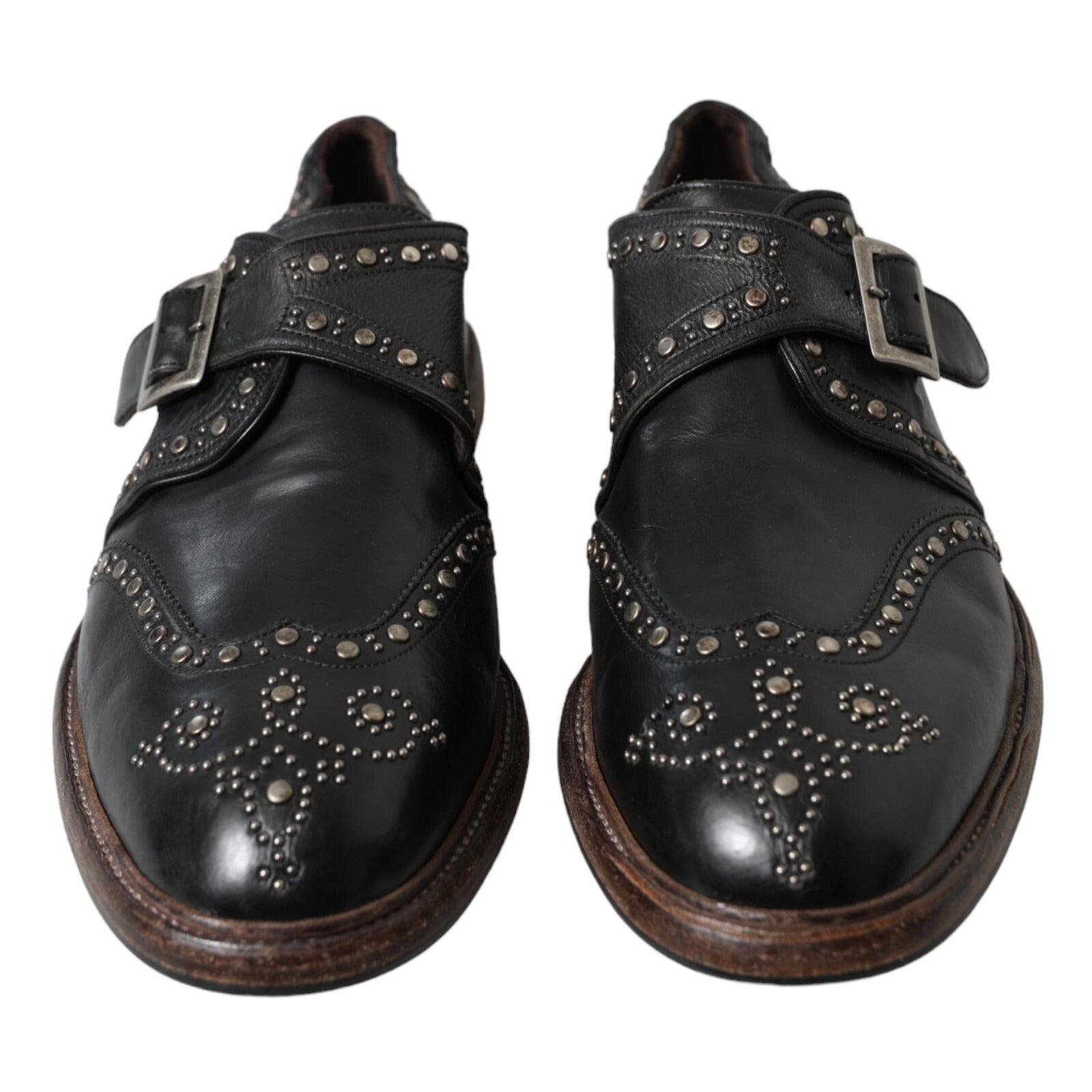 Chaussures Richelieu en cuir noir Dolce & Gabbana avec boucles et clous, chaussures habillées élégantes pour hommes