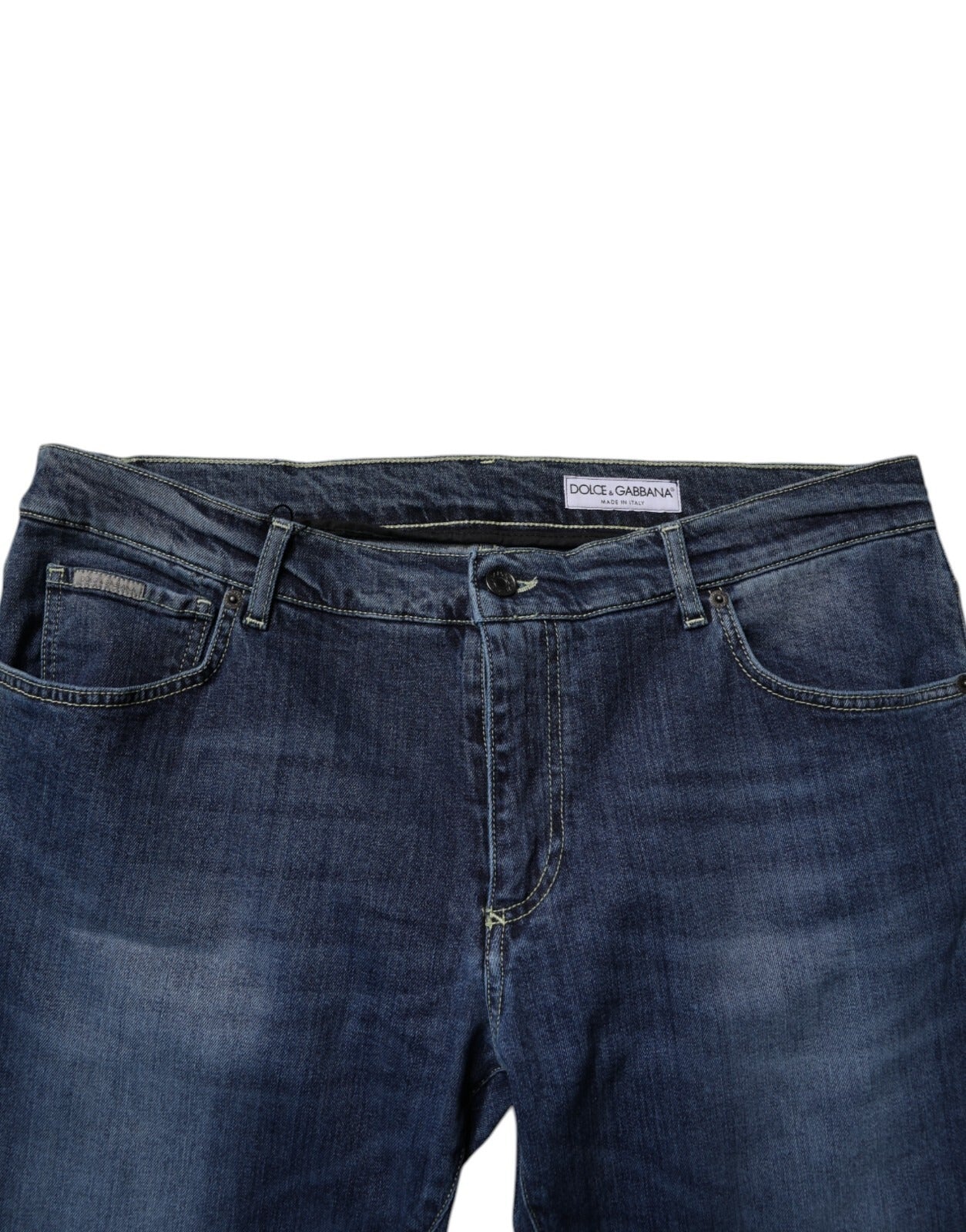 Jeans skinny en denim stretch bleu lavé de Dolce & Gabbana, en coton, ajustés et modernes, visibles sur l'image.