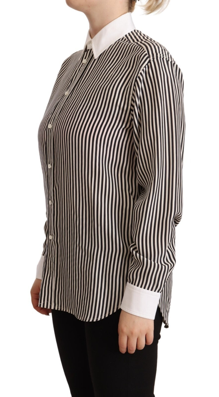 Chemise à manches longues Ralph Lauren à rayures noires et blanches avec col, élégante et classique.