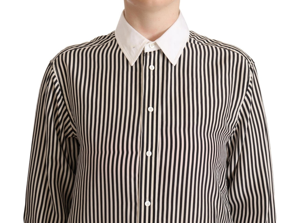 Chemise à manches longues Ralph Lauren à rayures noires et blanches avec col, élégante et classique.