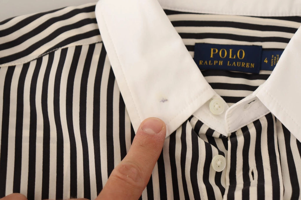 Chemise Polo Ralph Lauren à rayures noires et blanches à manches longues et col, élégante et classique.