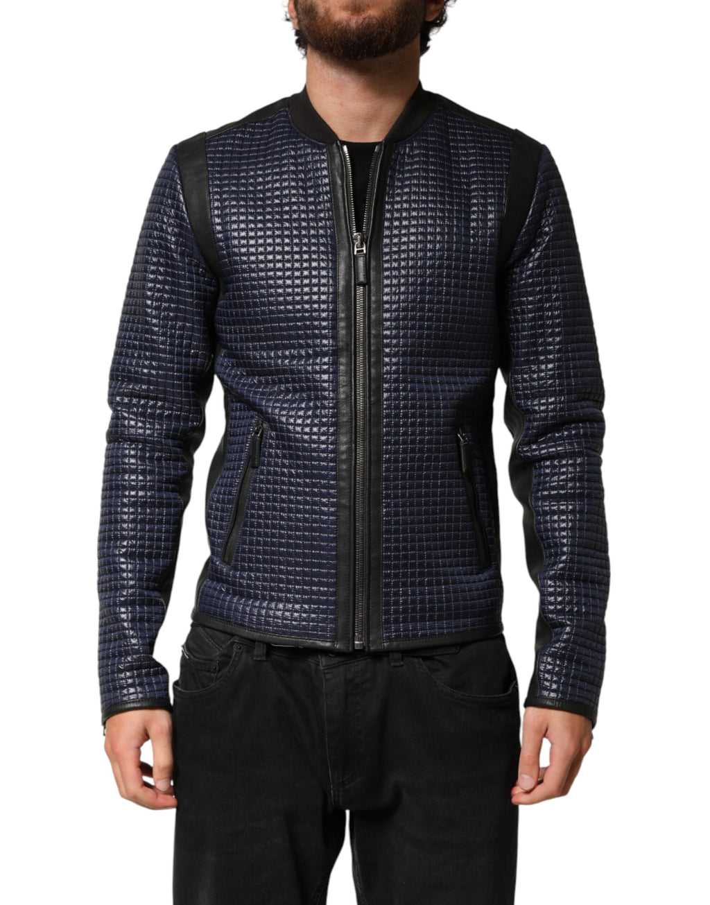 Veste bomber en nylon bleu pour homme de Dolce & Gabbana avec fermeture éclair complète, style moderne et élégance masculine.
