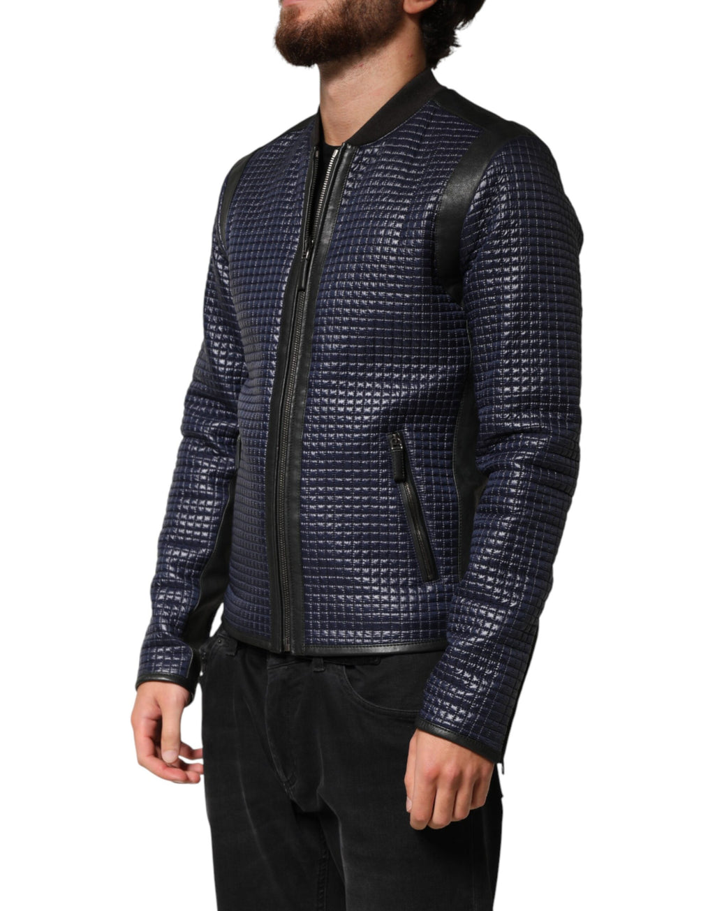 Veste bomber homme Dolce & Gabbana en nylon bleu avec fermeture éclair complète, style moderne et décontracté.