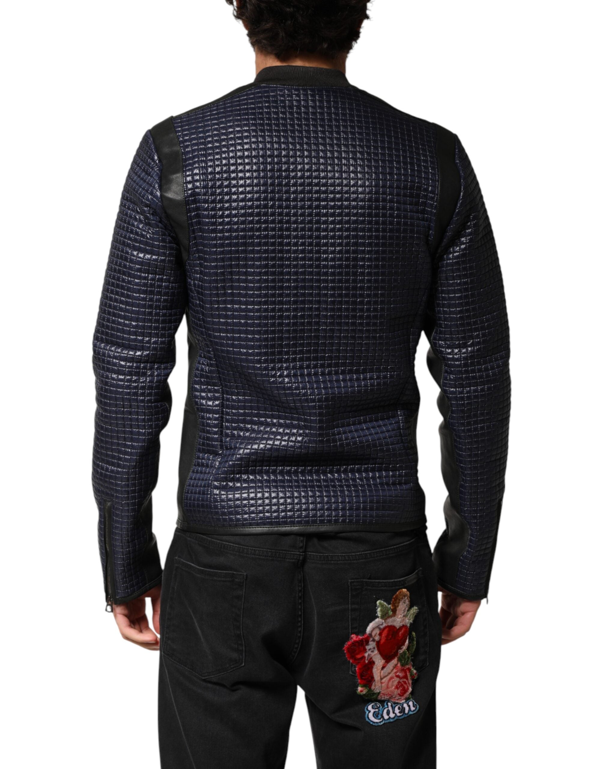 Veste bomber homme Dolce & Gabbana en nylon bleu avec fermeture éclair complète, style moderne et élégant.