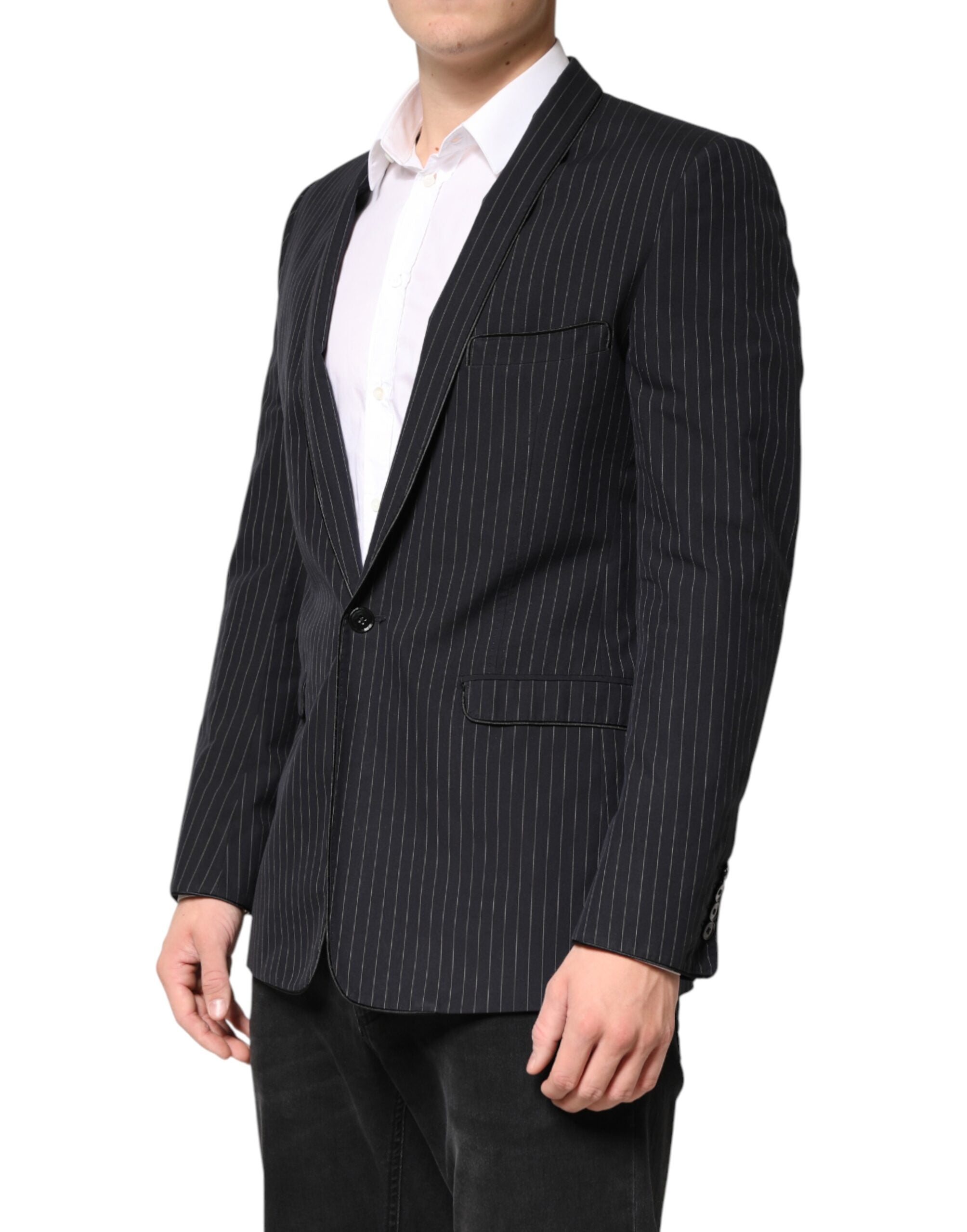 Veste blazer noire à rayures Dolce & Gabbana avec un bouton unique, élégante et ajustée, vue de face.