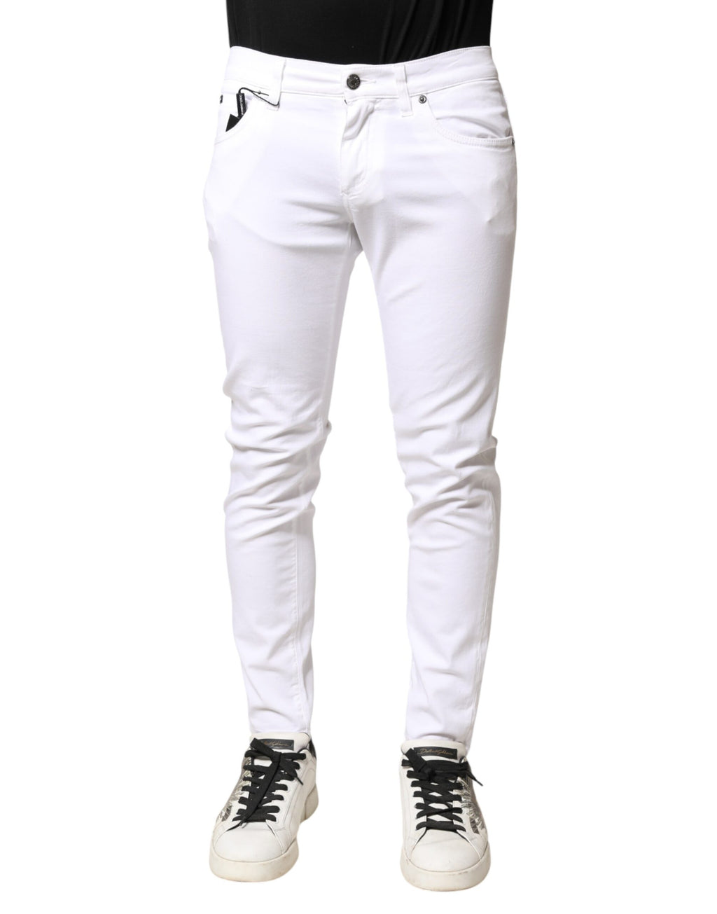 Jeans homme Dolce & Gabbana en denim blanc stretch skinny, coupe ajustée et détails classiques.