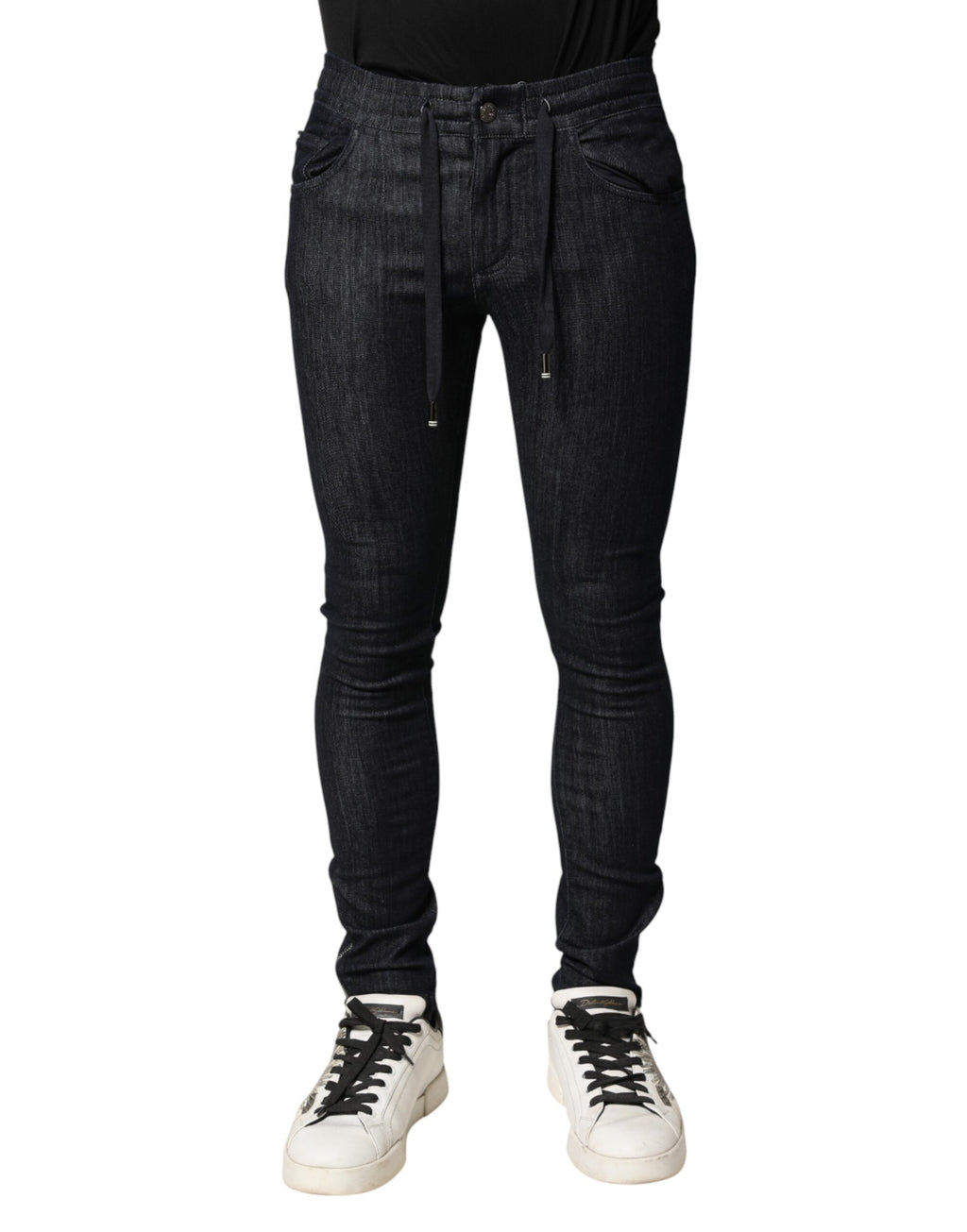 Jeans homme skinny en coton stretch noir de Dolce & Gabbana, coupe ajustée, détails classiques et design élégant.
