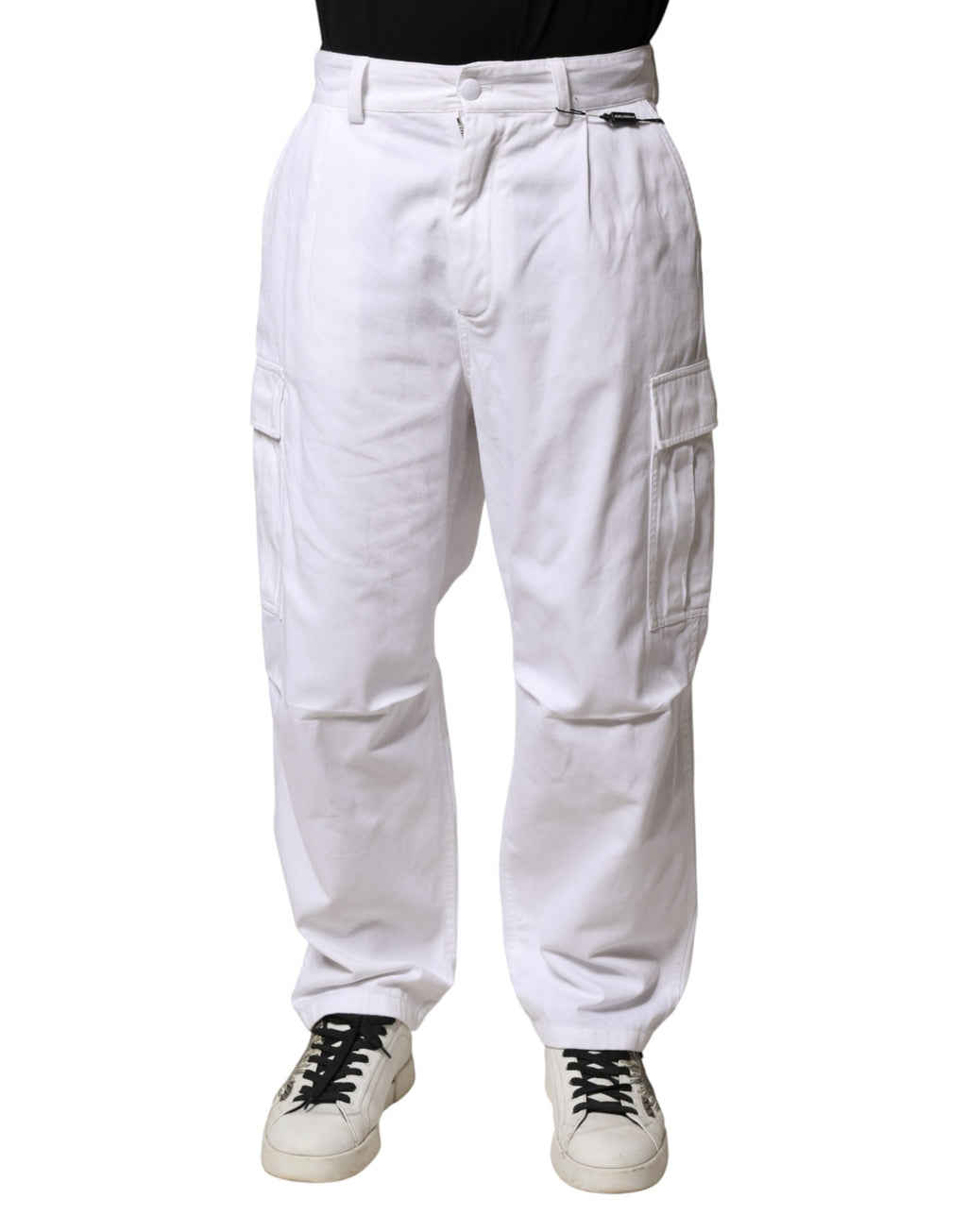 Pantalon cargo en denim blanc pour homme de Dolce & Gabbana, coton, style décontracté, vue de face.