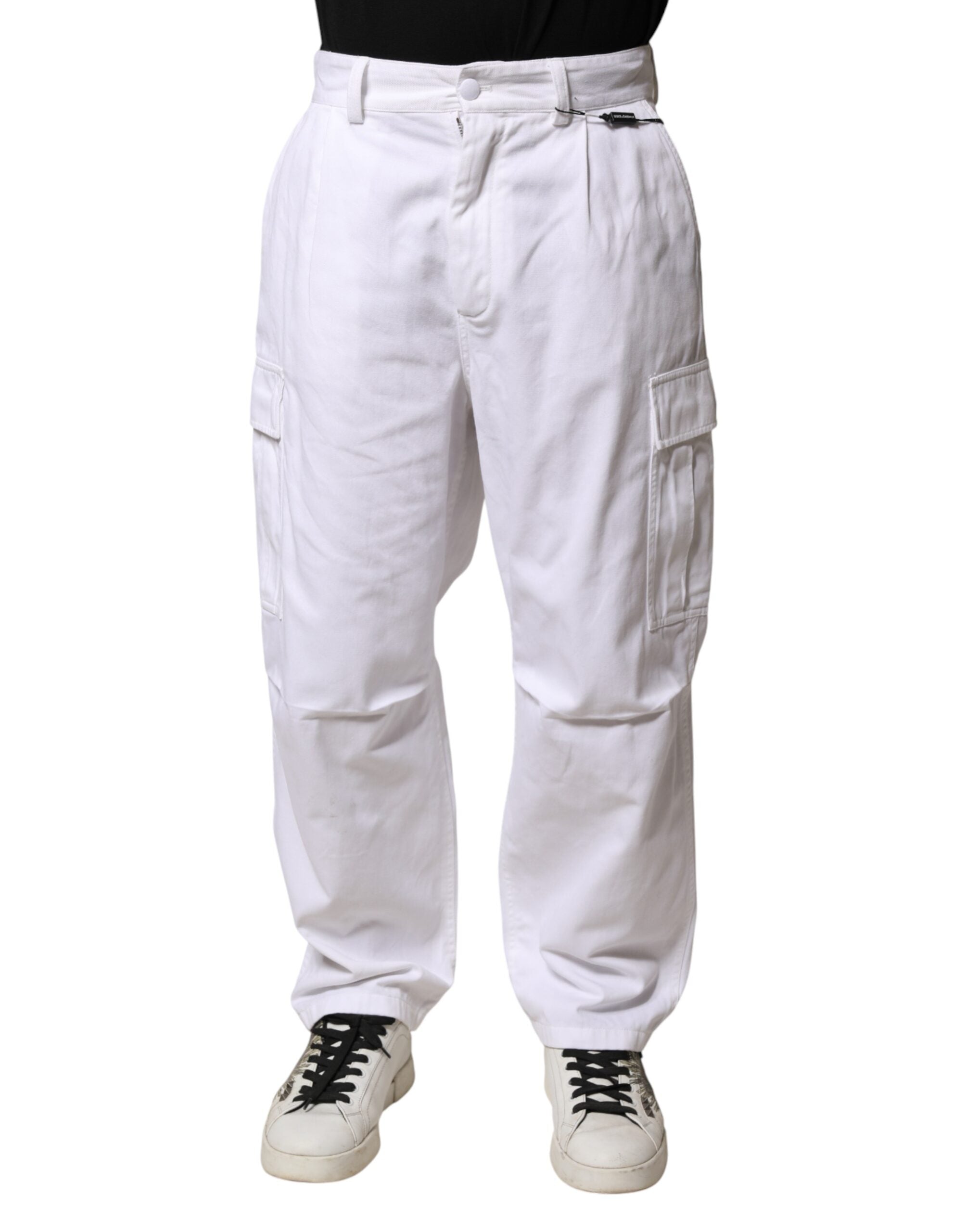 Pantalon cargo en denim blanc pour homme de Dolce & Gabbana, coton, style décontracté, vue de face.