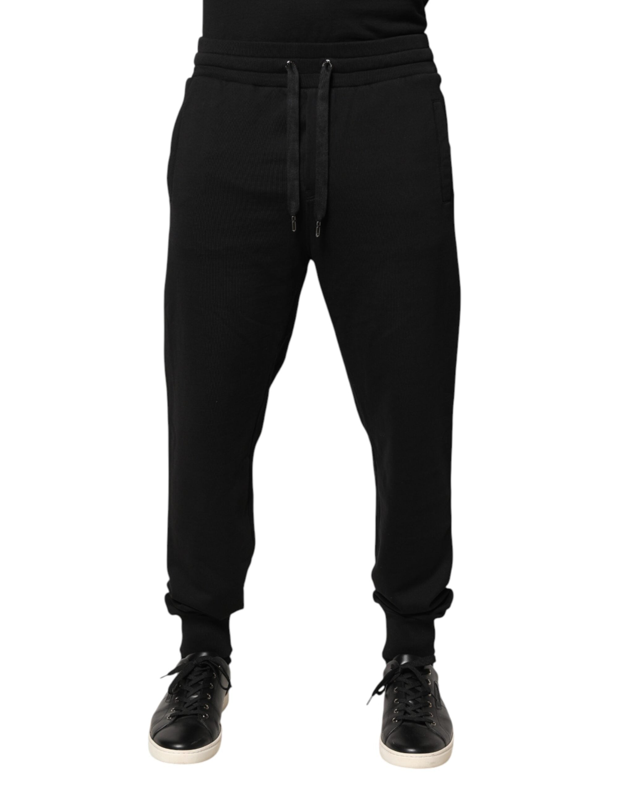 Pantalon jogging noir en coton Dolce & Gabbana à taille moyenne, décontracté et confortable, vue de face.