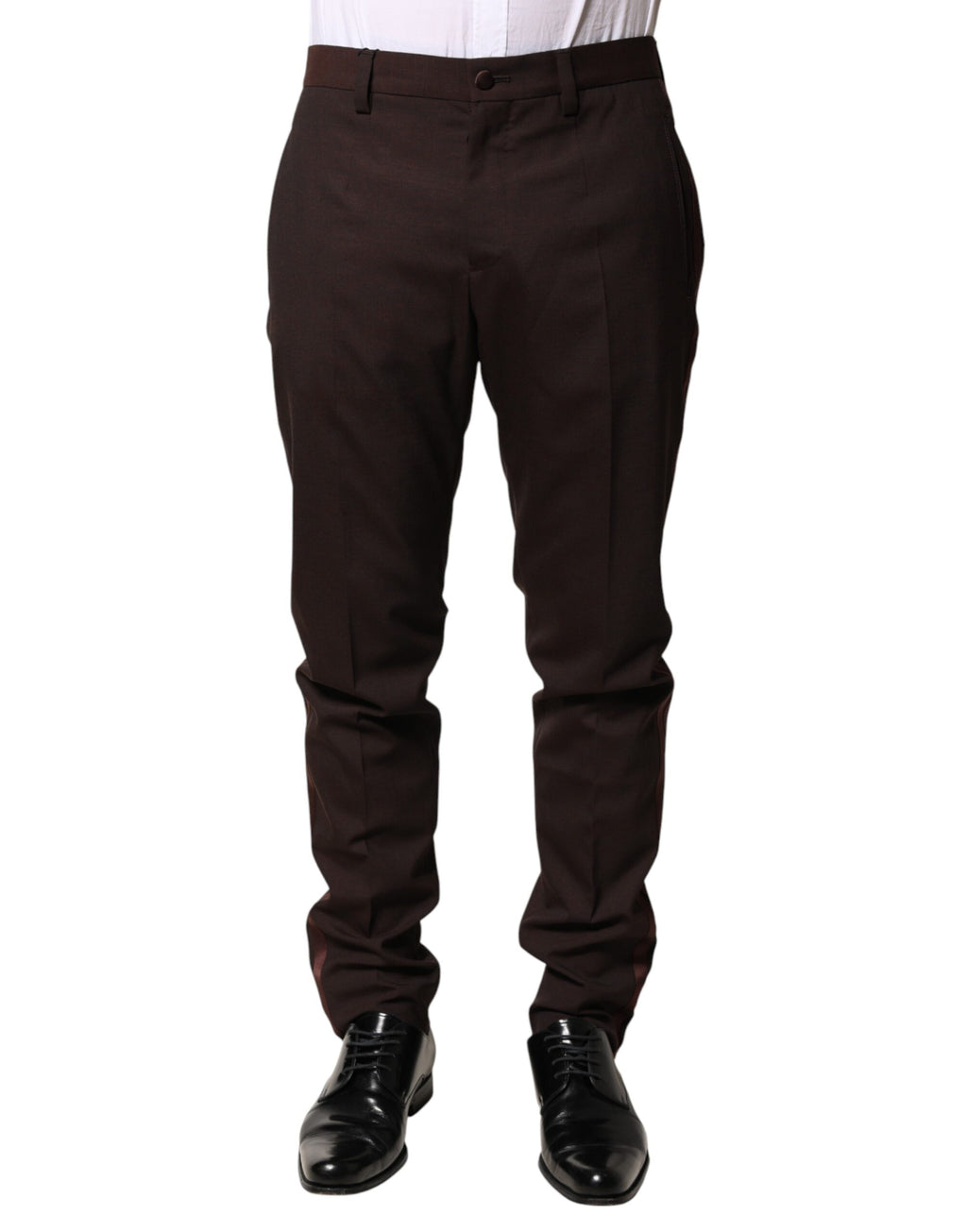 Pantalon habillé pour homme Dolce & Gabbana en polyester marron, style élégant et ajusté, vue de face.