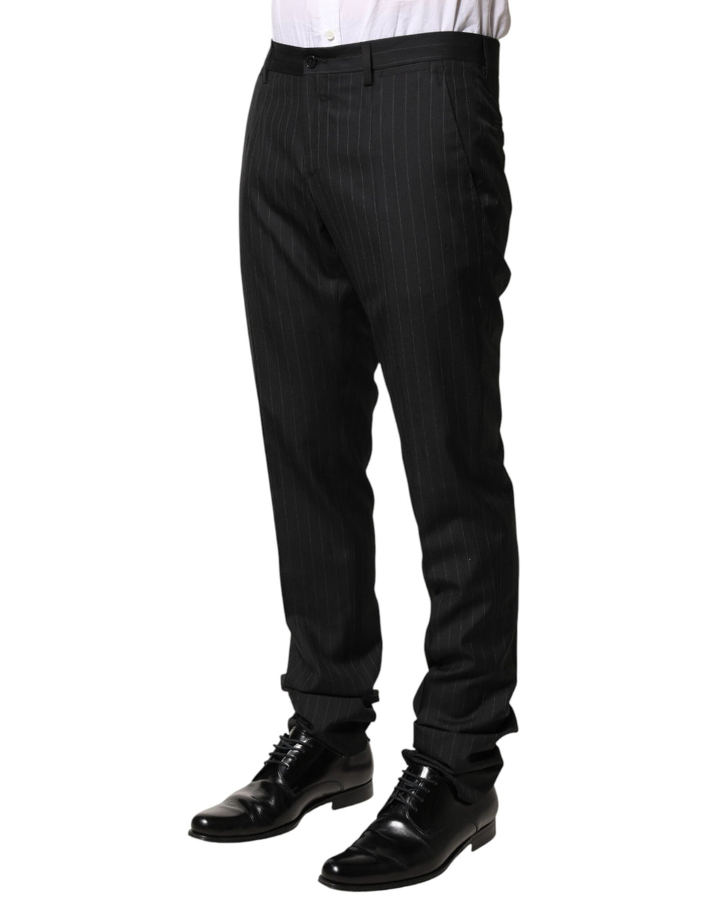 Pantalon homme Dolce & Gabbana en laine noire à rayures, élégants et ajustés, pour un style sophistiqué.