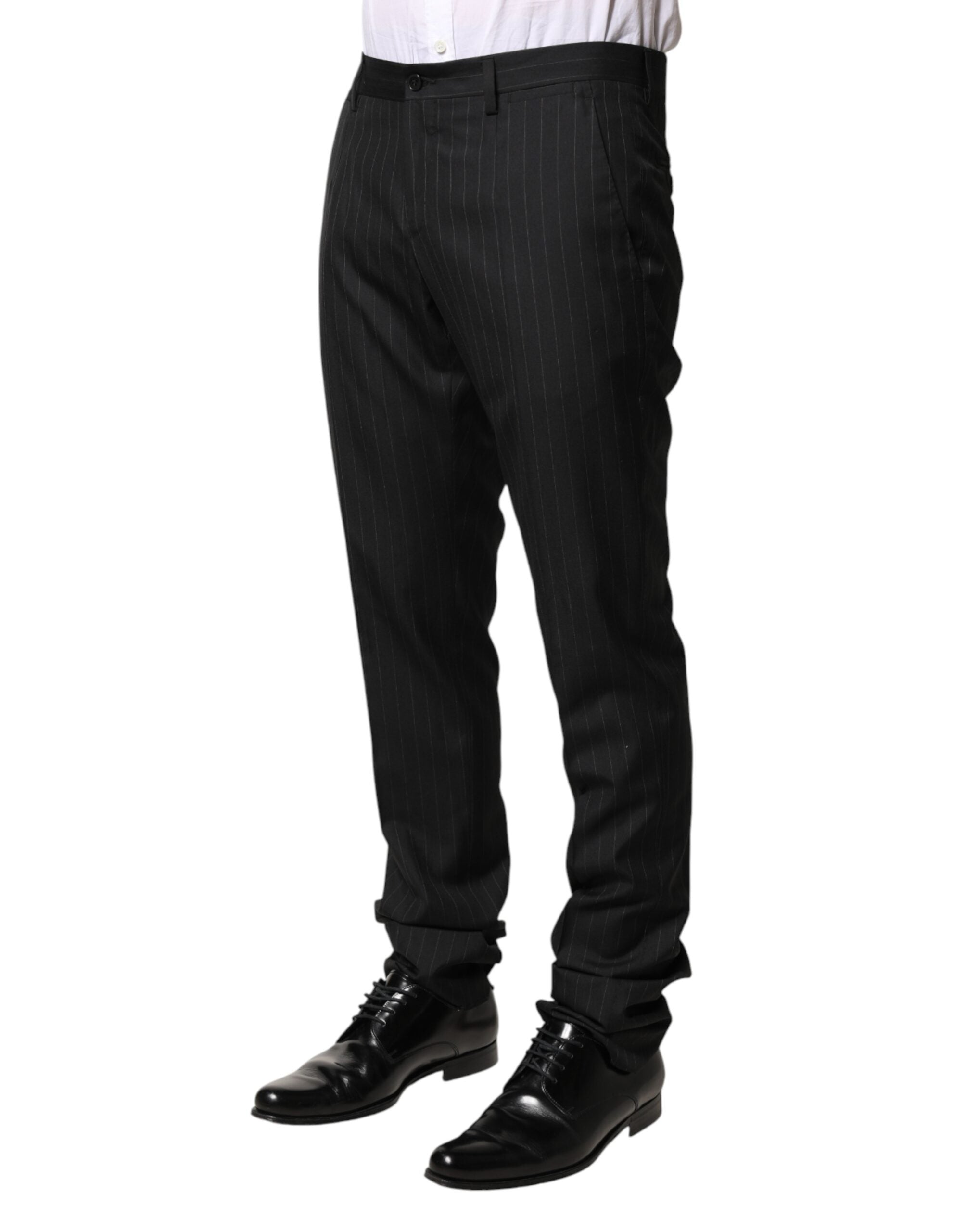 Pantalon homme Dolce & Gabbana en laine noire à rayures, élégants et ajustés, pour un style sophistiqué.