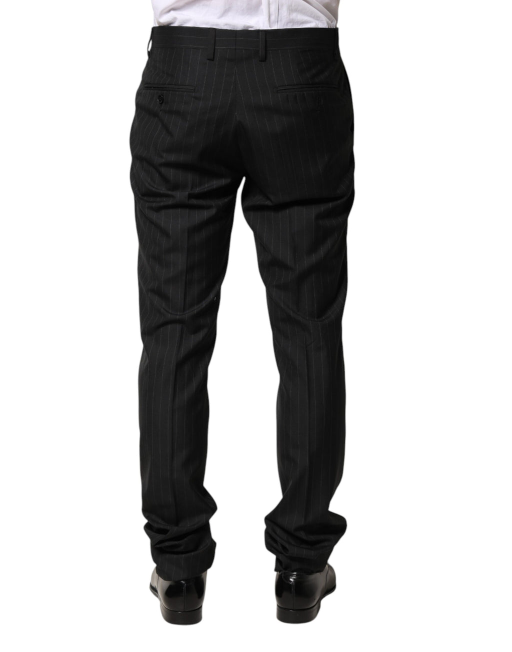 Pantalon homme Dolce & Gabbana en laine noire à rayures, costume élégant avec coupe classique et détails sophistiqués.