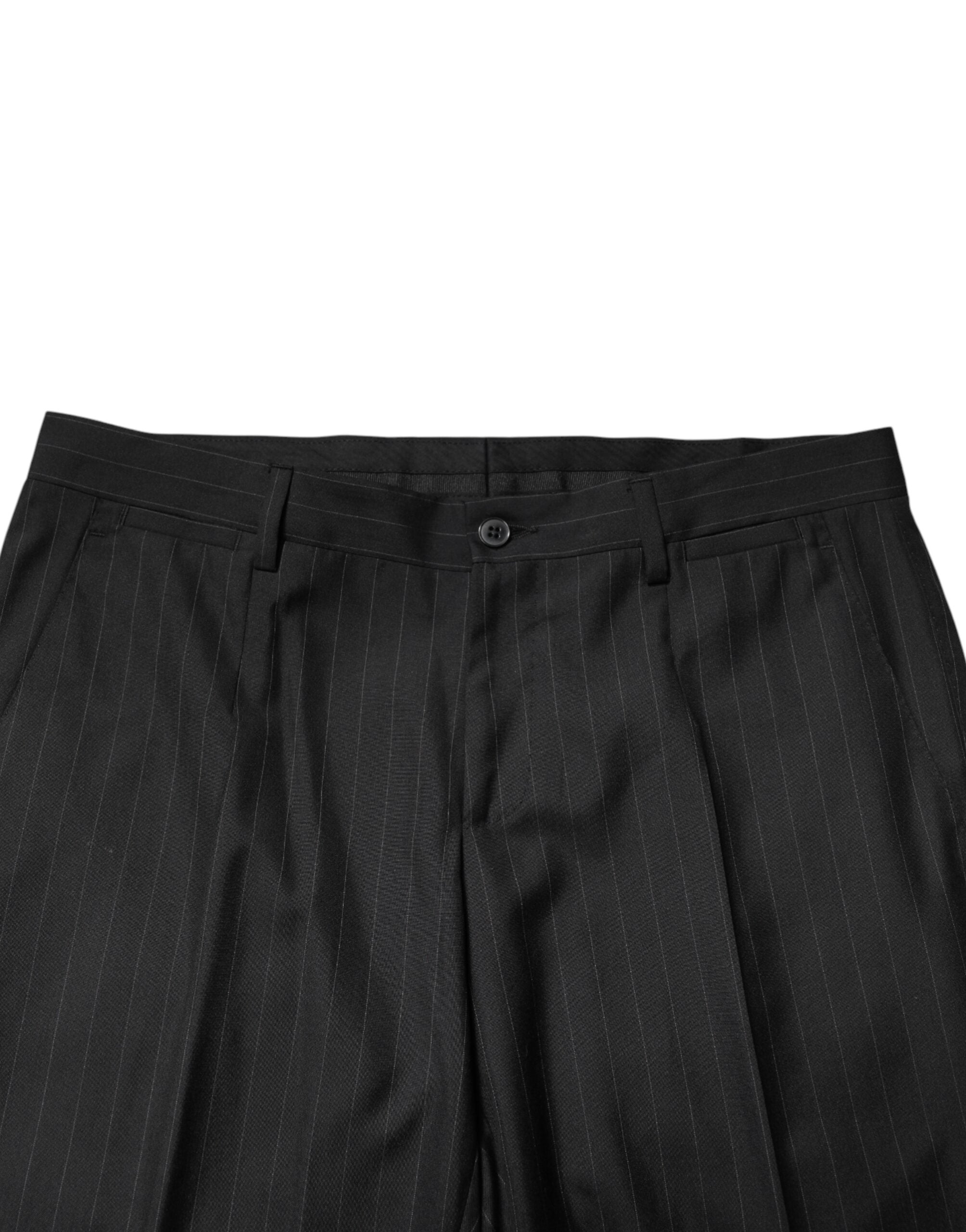 Pantalon homme Dolce & Gabbana en laine noire à rayures, pantalon élégant avec coupe classique et détails sophistiqués.