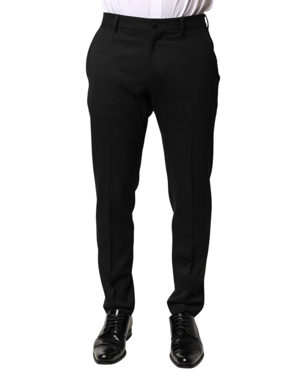 Pantalon homme Dolce & Gabbana en laine noire, taille mi-hauteur, style élégant et coupe ajustée.
