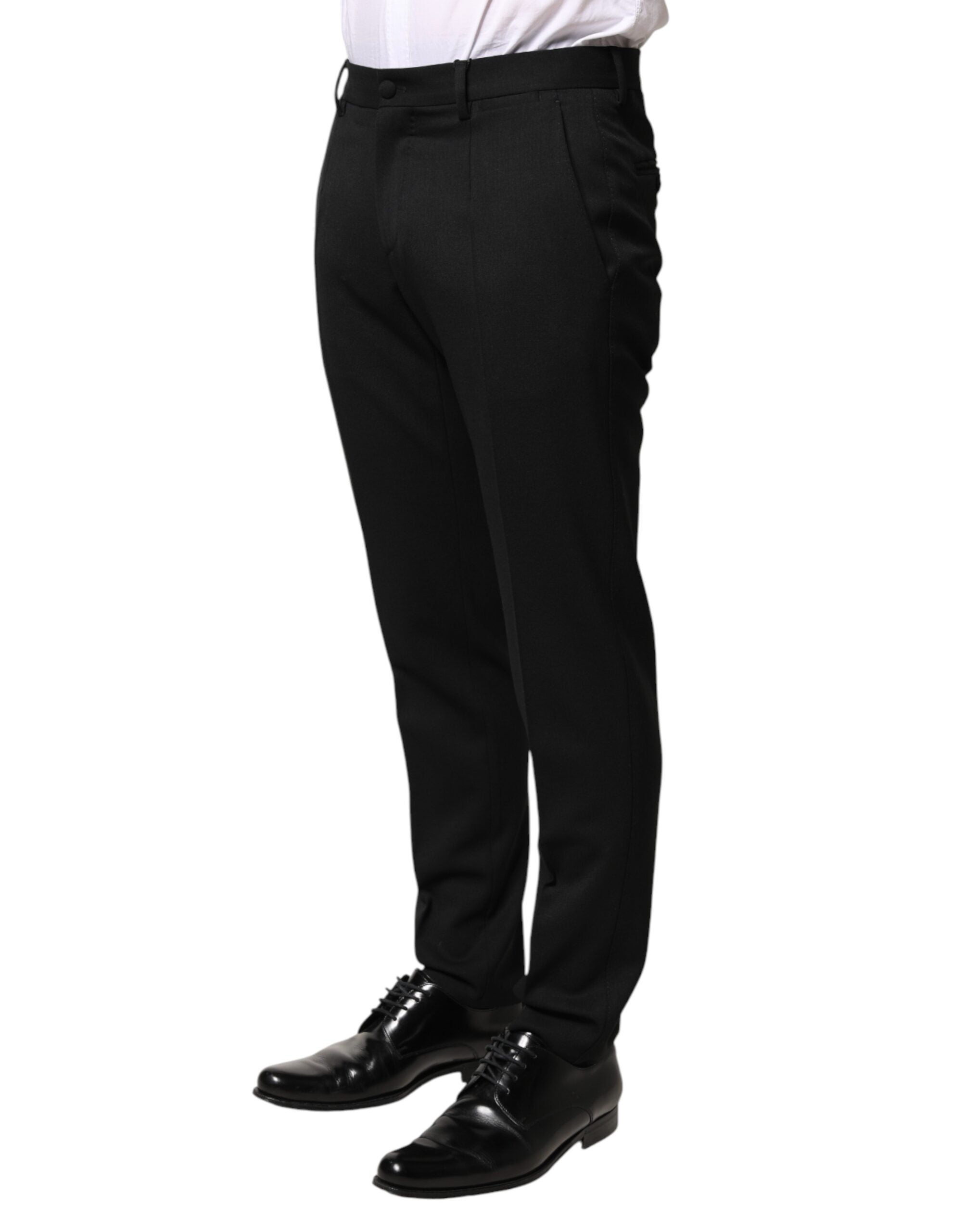 Pantalon homme Dolce & Gabbana en laine noire, taille mi-haute, style élégant et sophistiqué.