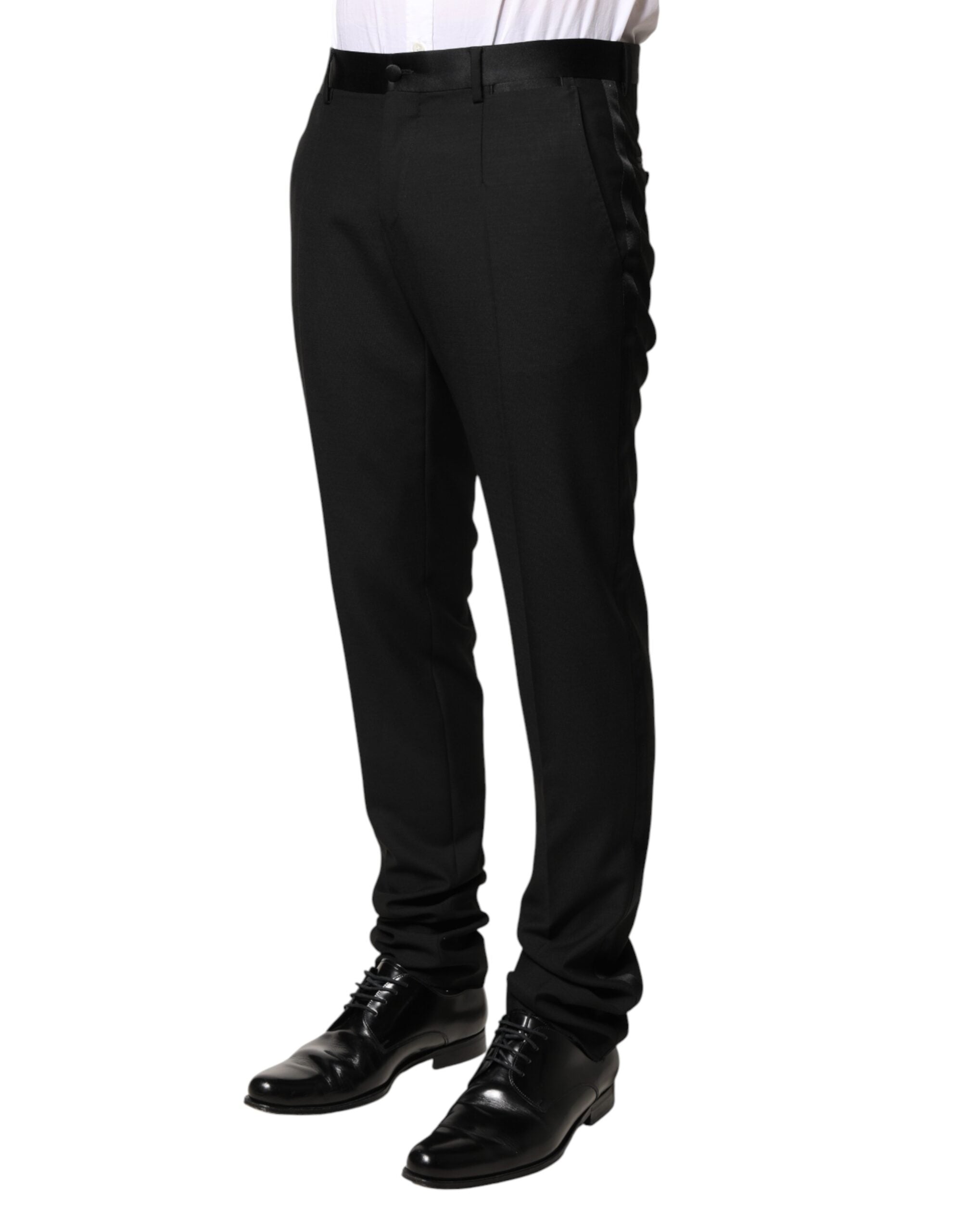Pantalon homme Dolce & Gabbana en laine noire à taille moyenne, style élégant et ajusté.