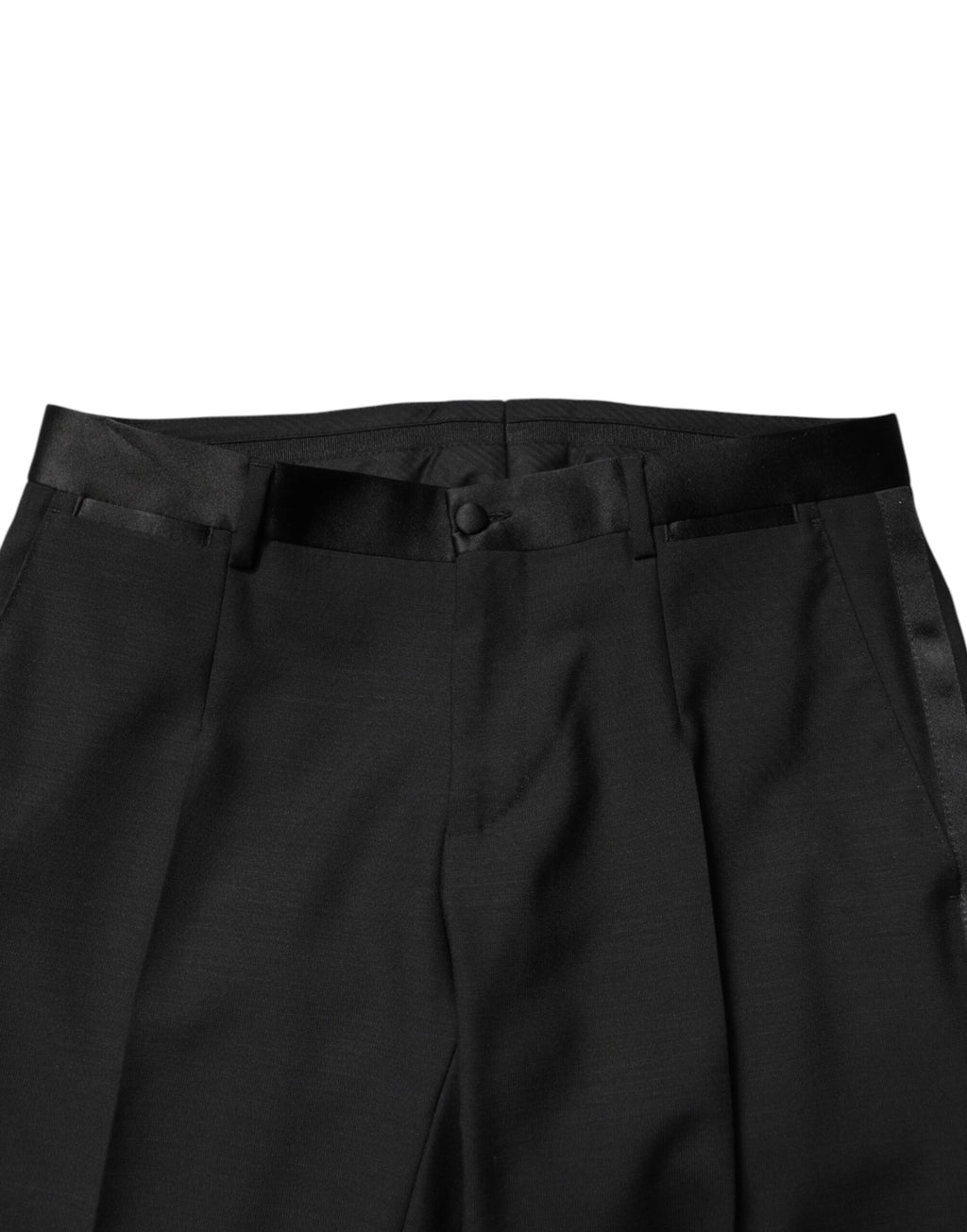 Pantalon homme Dolce & Gabbana en laine noire, mi-hauteur à taille moyenne, style élégant et coupe ajustée.
