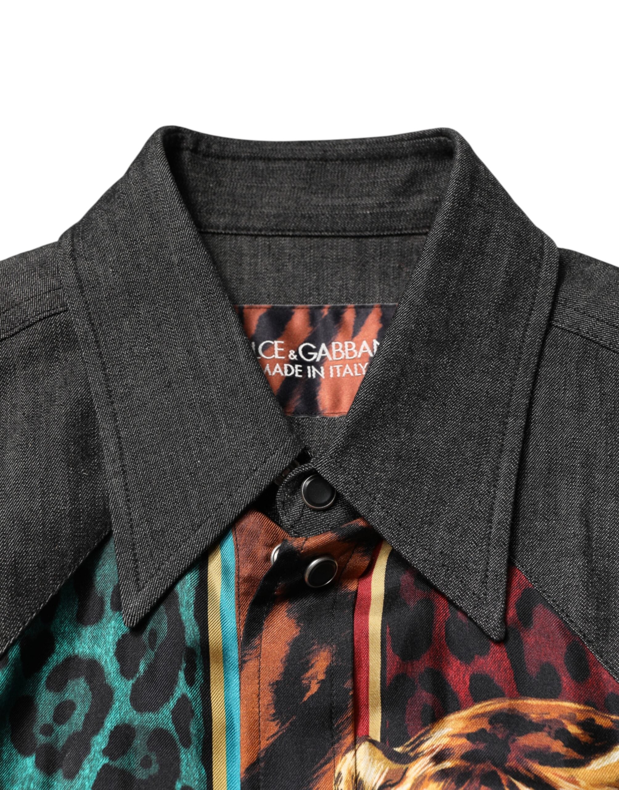 Chemise en soie multicolore à motif tigre et léopard de Dolce & Gabbana, style élégant pour homme.