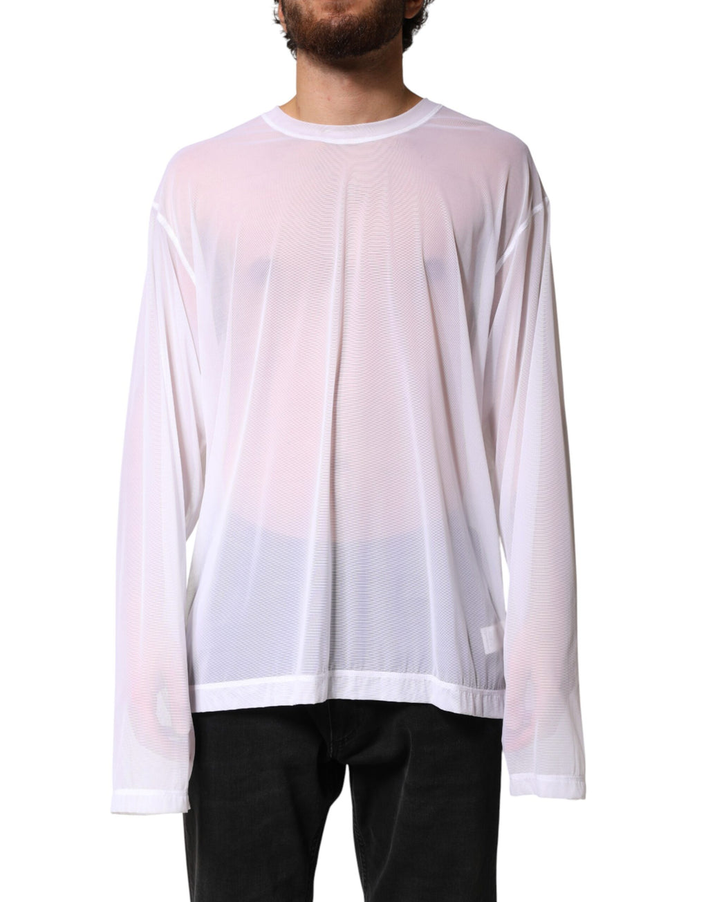 T-shirt à manches longues en nylon blanc de Dolce & Gabbana, col rond, design simple et élégant.
